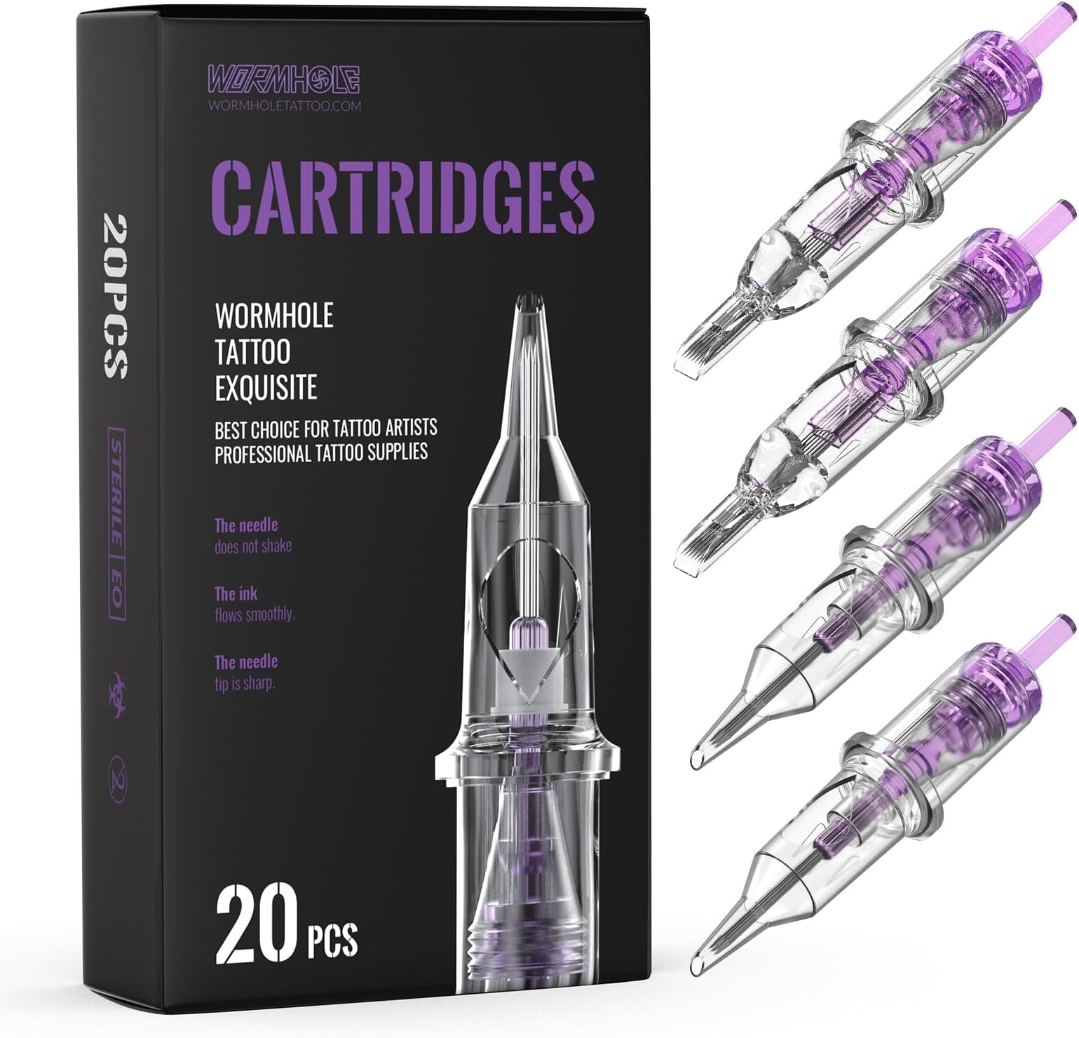 Wormhole Tattoo Cartridge Needles, 20Pcs Mixed Sizes 3Rl 5Rl 5Rm 7Rm Disposable Needles Round Liner Shader Magnum For Pen Machine Permanent Makeup Supplies