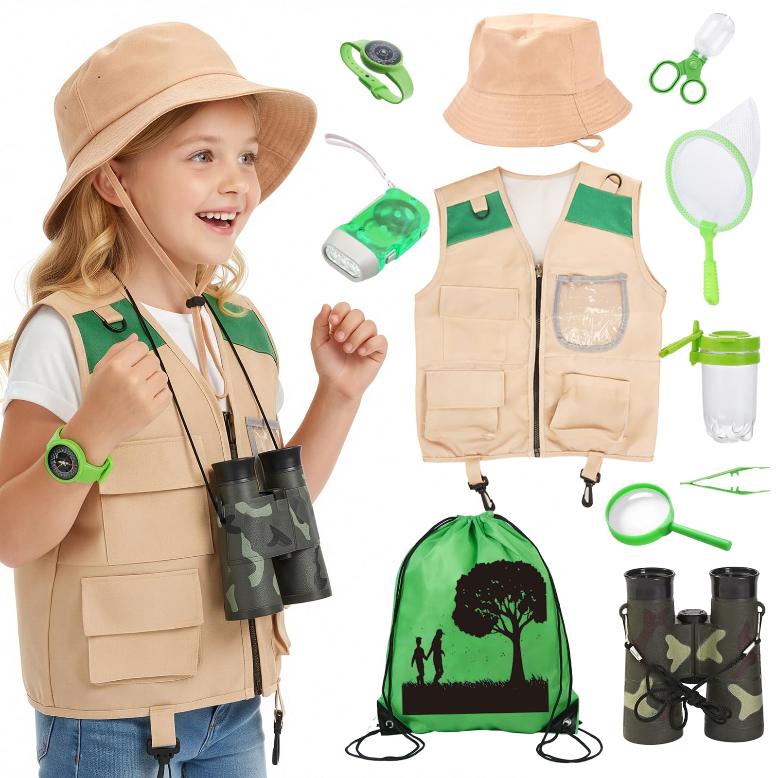 Xerteam Explorer Costume Kids, 11Pcs Safari Costume Paleontologist Costume with Explorer Hat, Vest, Binoculars, Butterfly Net, Outdoor Children's Camping Equipment for 3-10 Year Old Boys, Toy Gift
