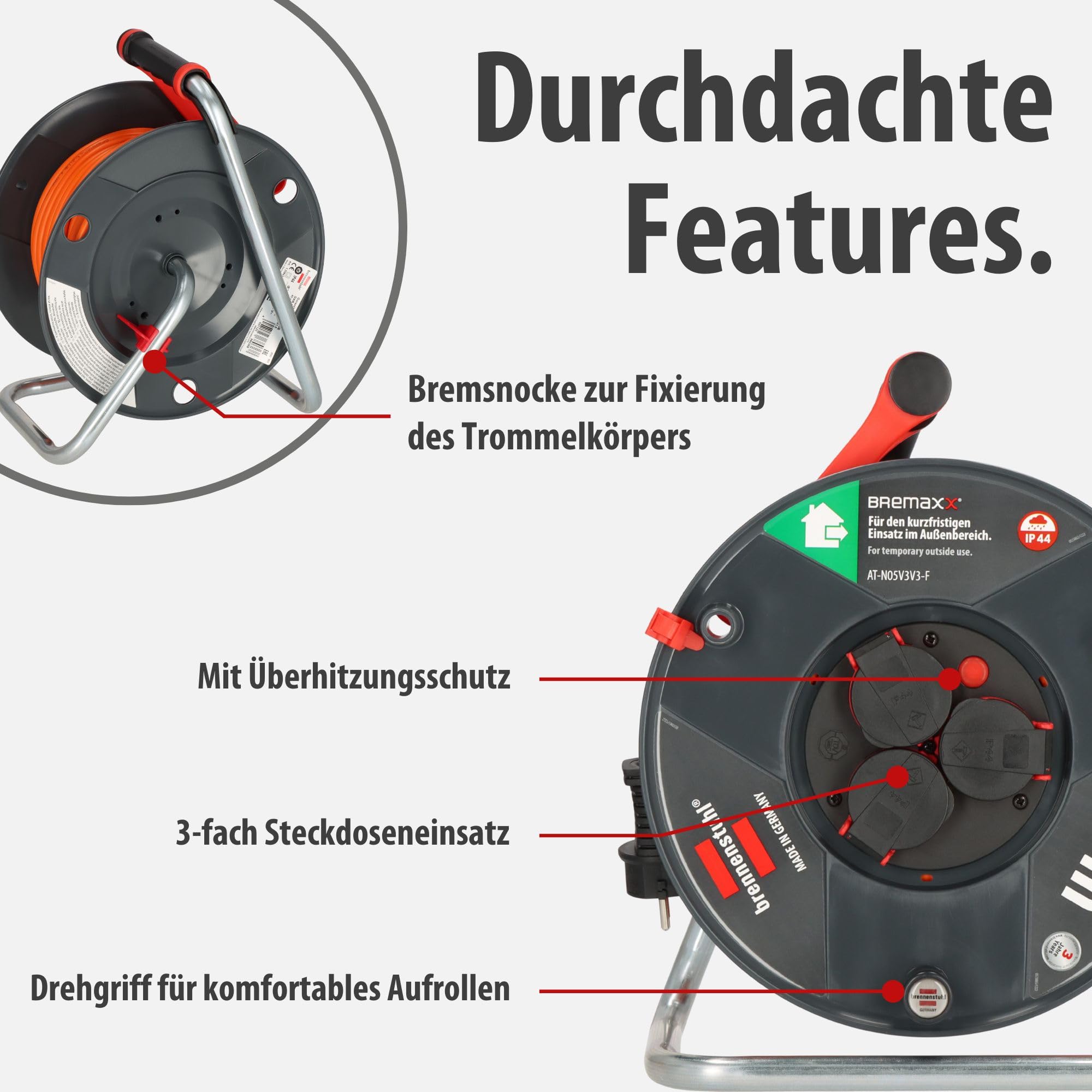 Brennenstuhl Garant V2 IP44 Kabeltrommel 40m Outdoor (Made in Germany, 3 Schutzkontakt-Steckdosen, Überhitzungsschutz, kurzfristiger Einsatz im Außenbereich)