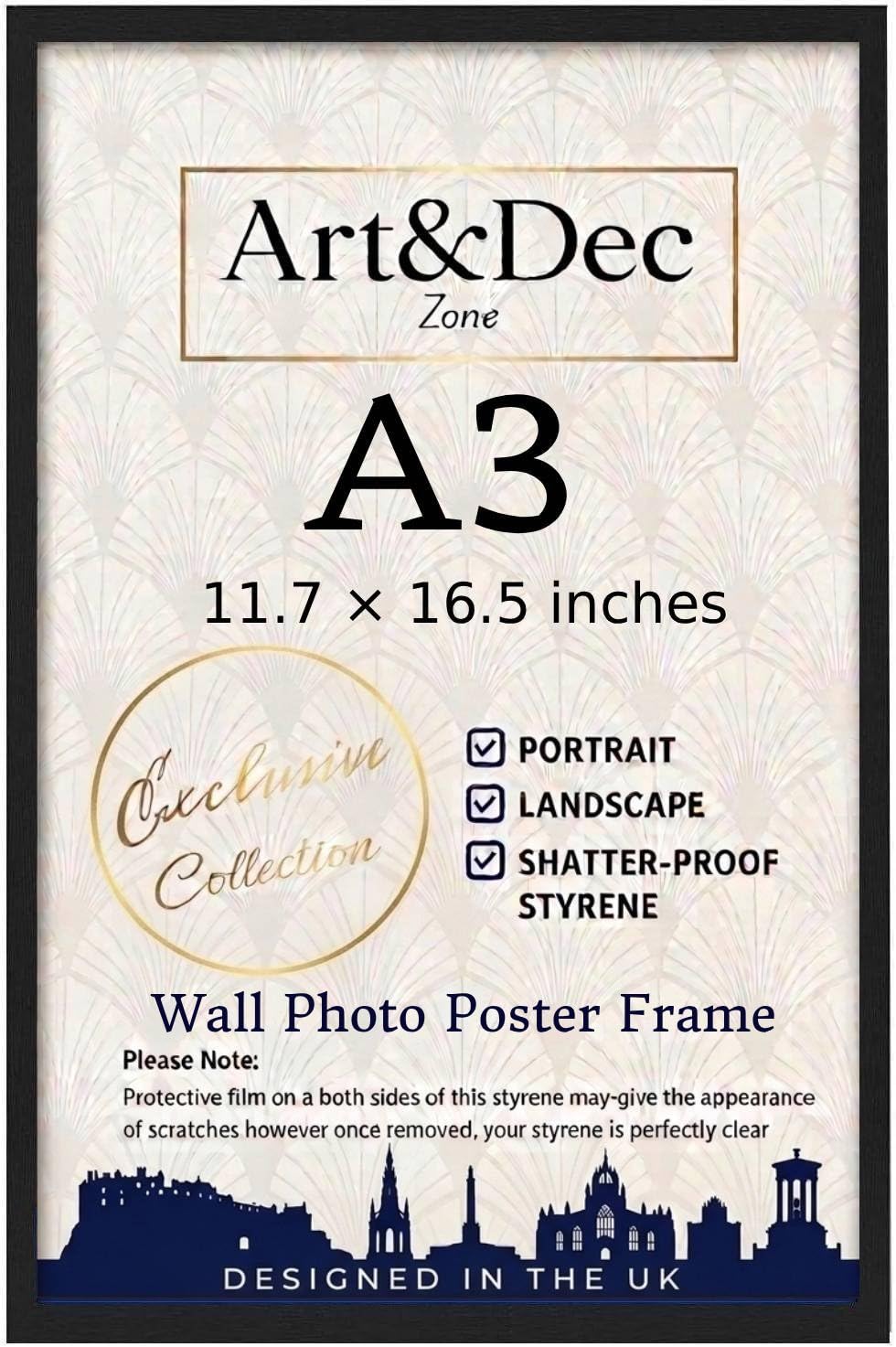 Art & Dec Zone® Sleek Black MDF Picture Frame A3 29.7 x 42 cm (2 Pack) – High-Clarity Shatter-Proof Acrylic Poster Holder for Modern Wall Decor