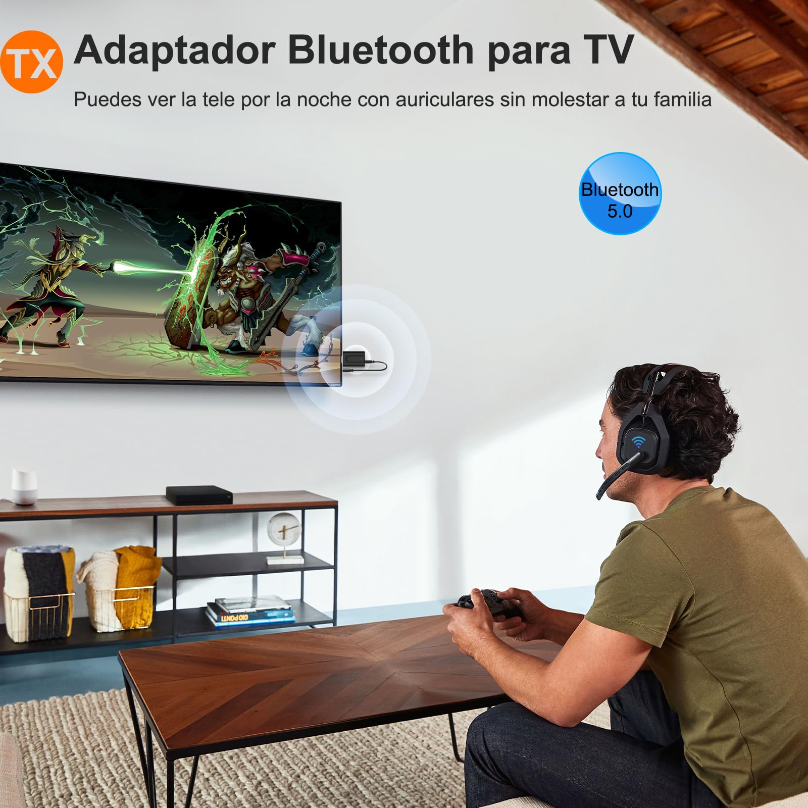 USB Bluetooth 5.0 Transmisor y Receptor, 2 en 1 Adaptador Audio con Jack 3.5mm Cable para Televisión PC Amplificador Coche Móvil Altavoces