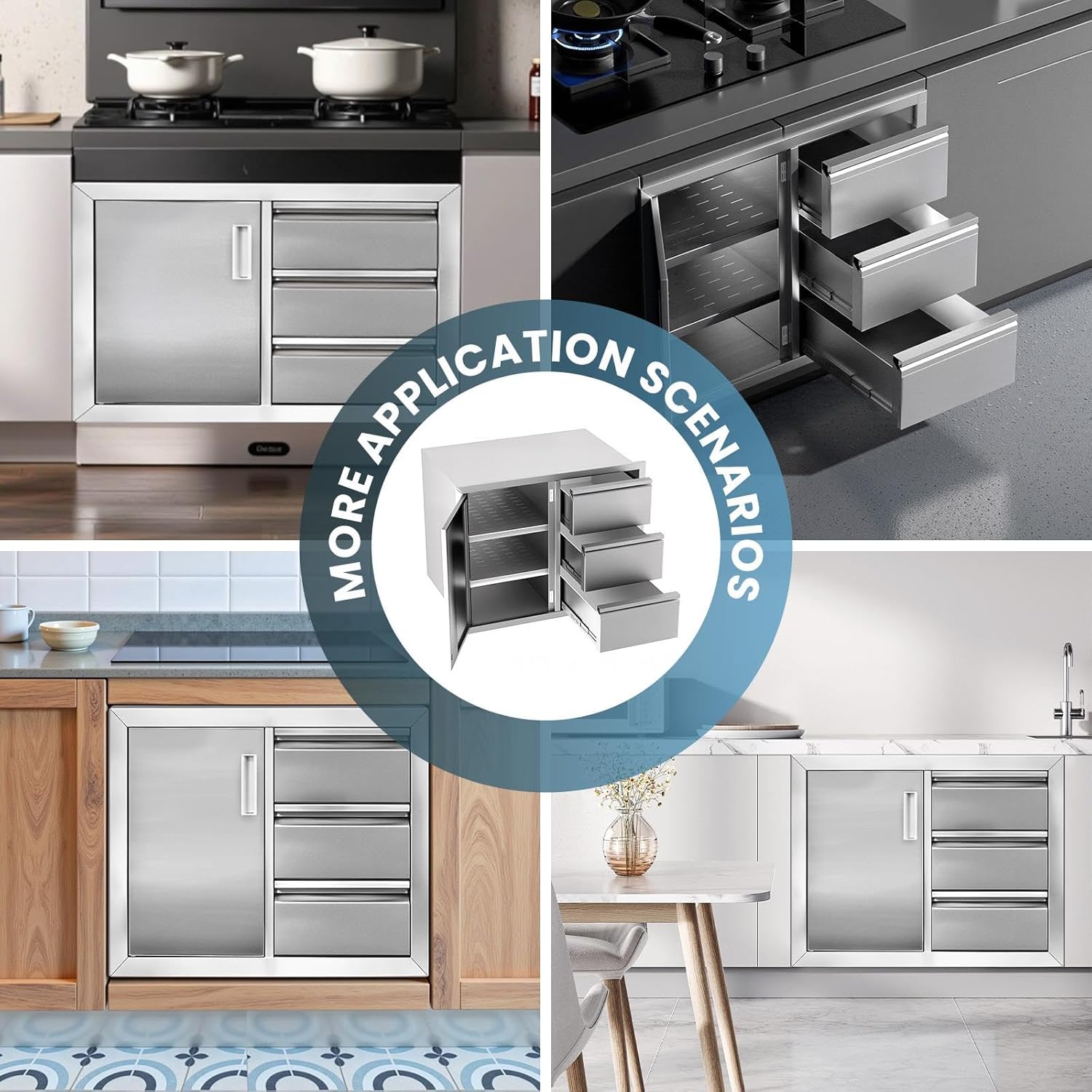 Outdoor BBQ Island Drawer Combo, Left-Mounted Triple Stainless Steel Drawers & Access Cabinet for Grilling Station and Outside Kitchen (28" W x 19.6" D x 20.1" H)