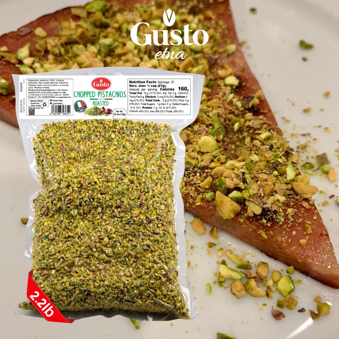Pistachios Roasted Chopped, 2.2 lb (1 kg), Dry Roasted Unsalted Pistachio Crumbles, Chopped Pistachios nuts for ice cream sundaes, Gusto Etna, Non GMO, Product of Italy