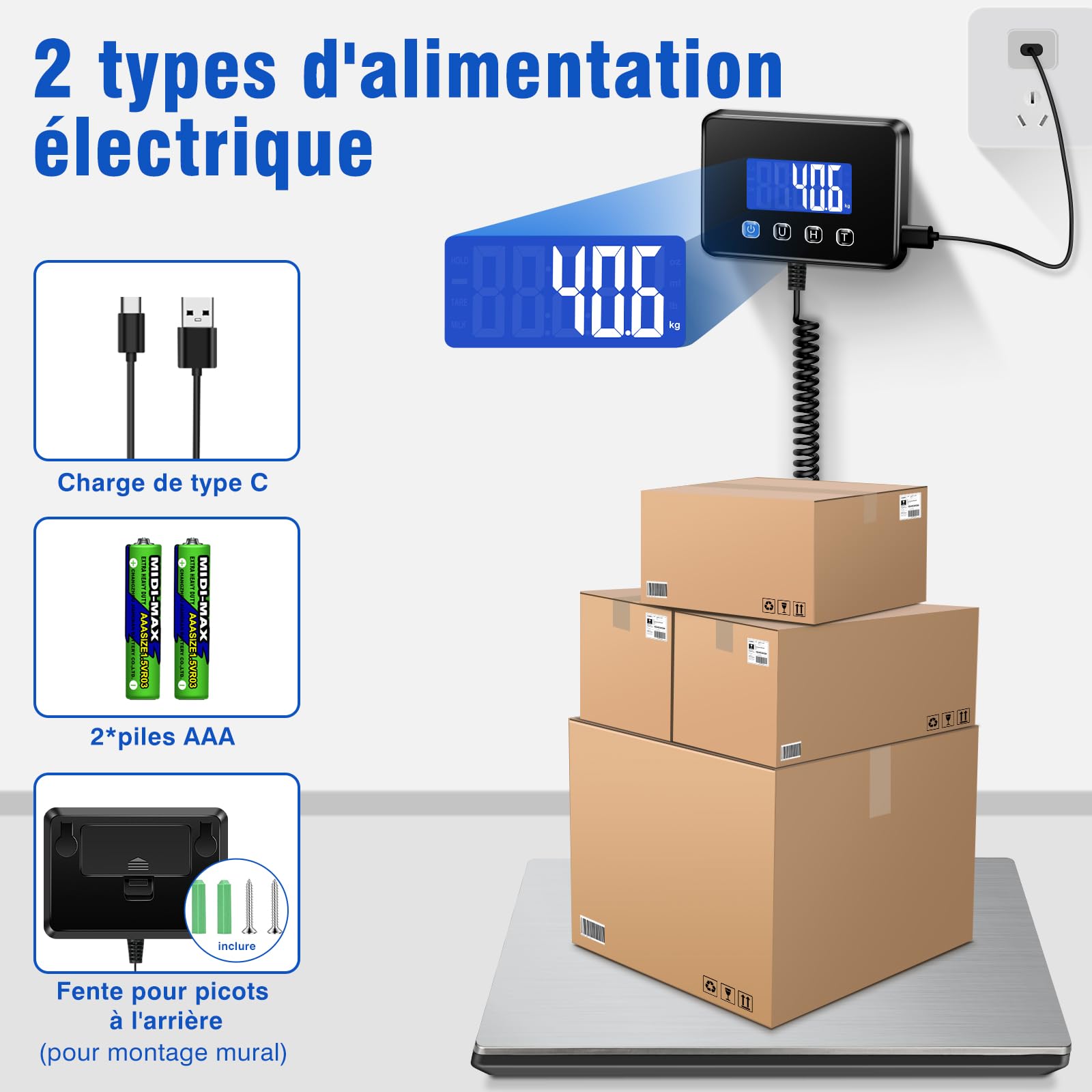 Balance Colis 300kg avec Haute Précision 20g, Pèse Colis Professionnel, Grand Écran LCD, Fonction Tarage, Alimentation sur Batterie ou Rechargeable, Idéale pour Expédition Entrepôt Commerce