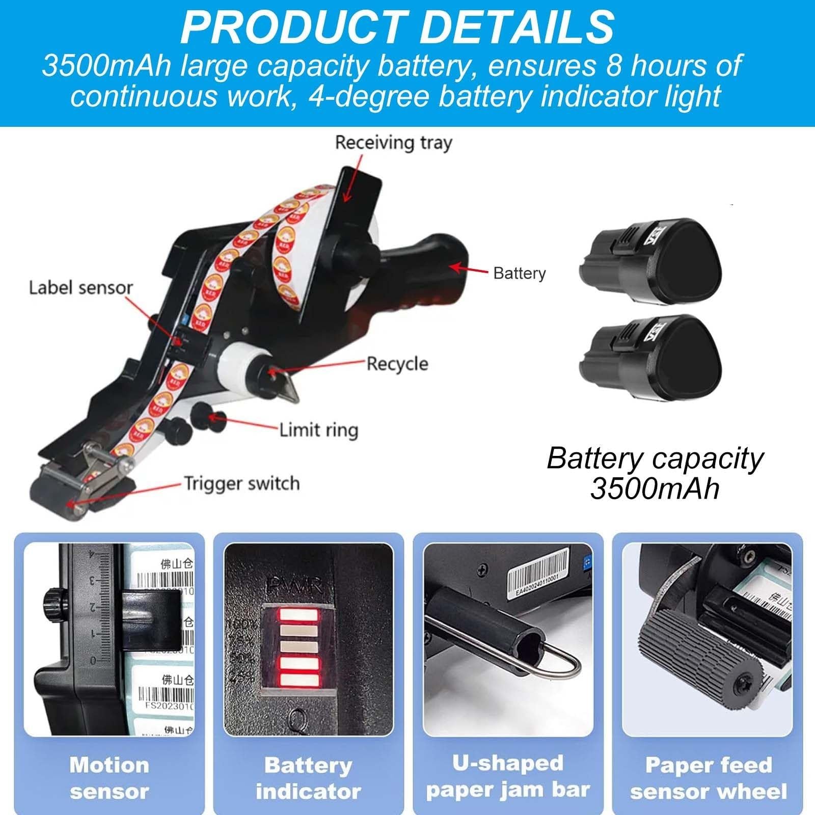 ZHIBIMOI Handheld Electric Labeling Machine, Automatic Cordless Labeling Machine with Smart Label Feeding System, Barcode Sticker Applicator Labeler with Spacing Detection Function(40mm)