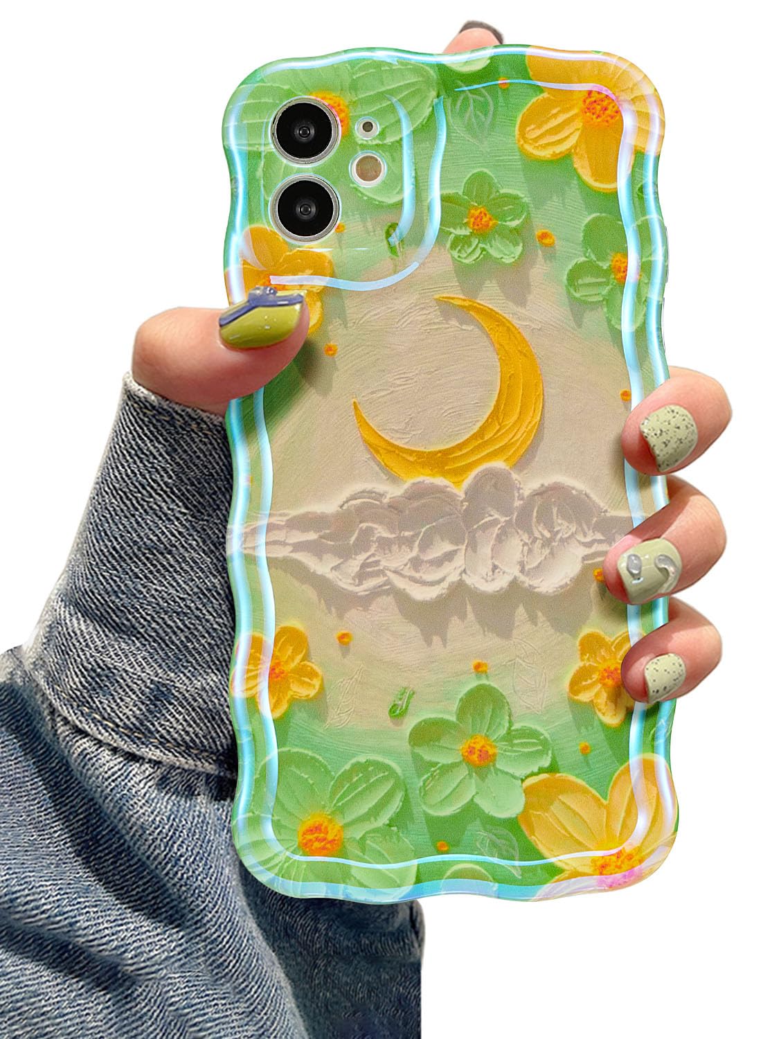 EYZUTAK Case for iPhone 11, Colorful Retro Oil Painting Flower Moon Pattern Laser Cute Curly Wave Edge Exquisite Phone Cover Stylish Durable TPU Protective Case for Girls Women - Moon/Green