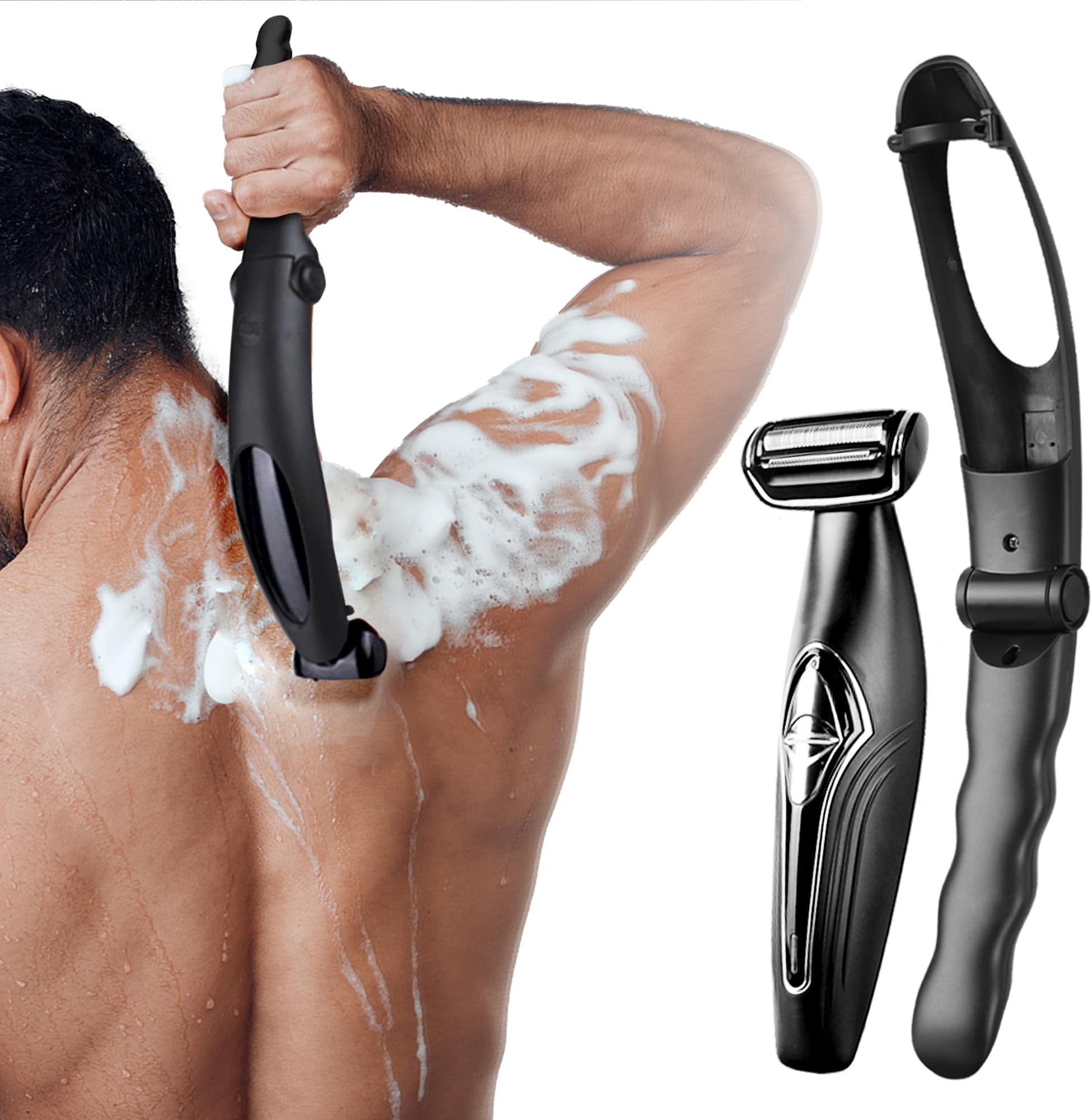 Mens Back Shaver with Long Handle，Multifunctional Self-Service Electric Back Hair Razor with Detachable Handle, Trimmer for Men with Back Attachment for Wet and Dry Use