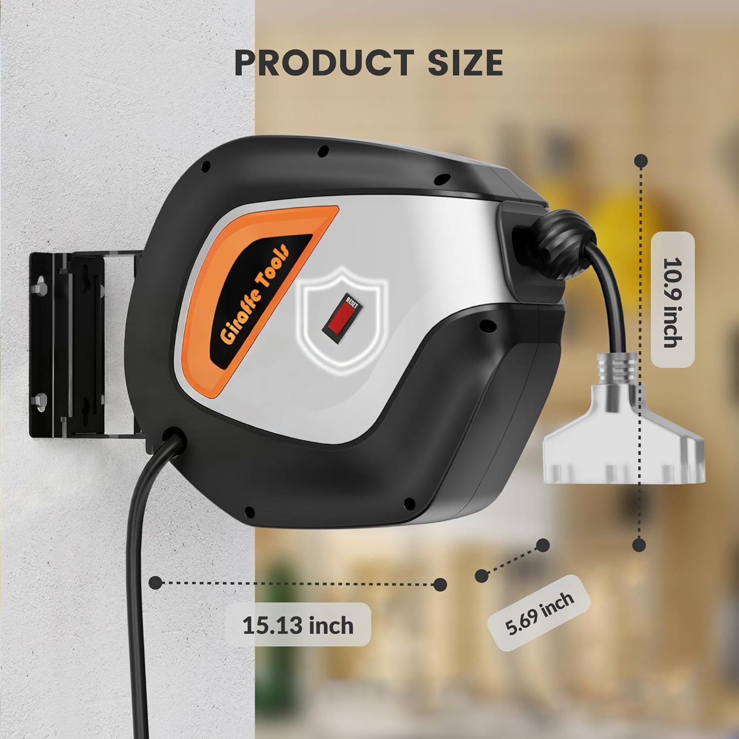 Giraffe Tools DE14 Retractable Extension Cord Reel 50 ft 14/3AWG Power Cord Storage Reel Wall/Ceiling Mount, Lighted Triple Tap Outlet, 50ft, Black Orange