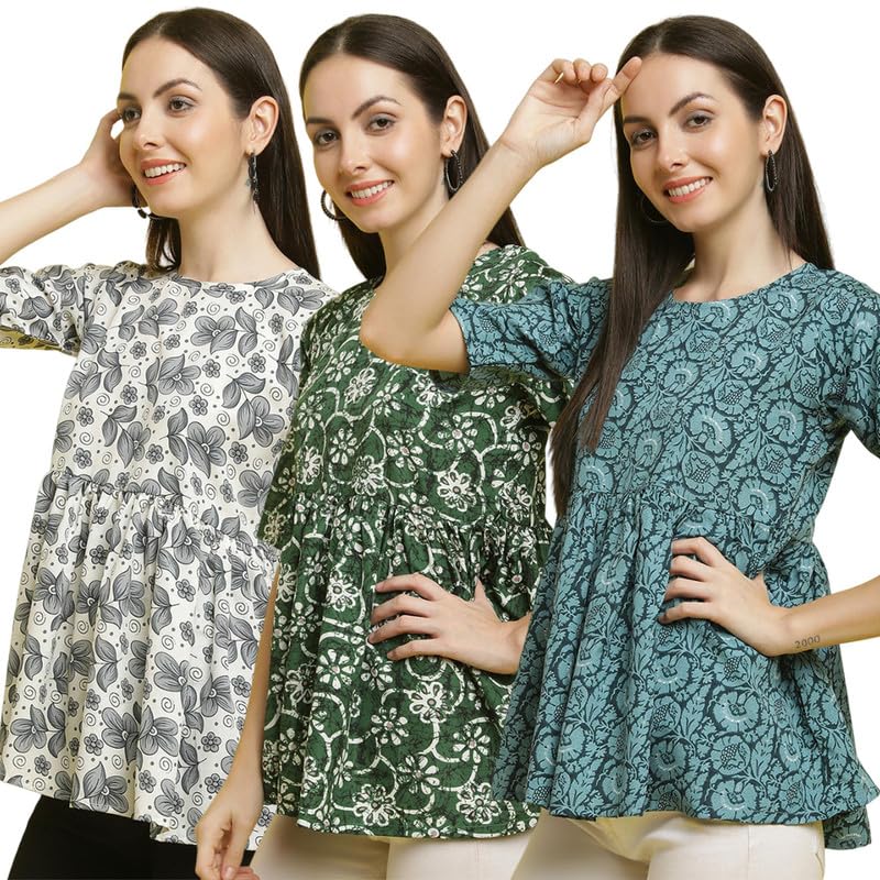 Image of Pinkimint Crape Combo Top for Women ll Stylish Casual Flared Fancy Sleeve Printed Regular Fit Top (Pack of 3)
