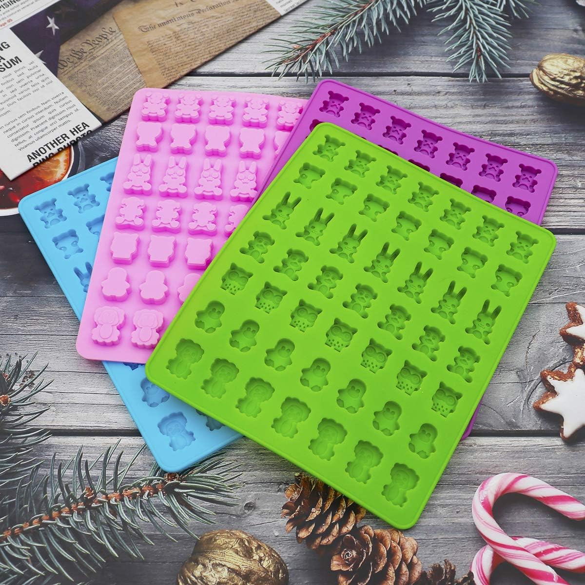 4 Pack Gummy Candy Molds 7 Animals Chocolate Molds Silicone 49 Cavity Gummy Bear/Lion/Monkeys/Dog/Panda/Owl/Rabbit Molds with 2 Droppers for Baking Ice Cube