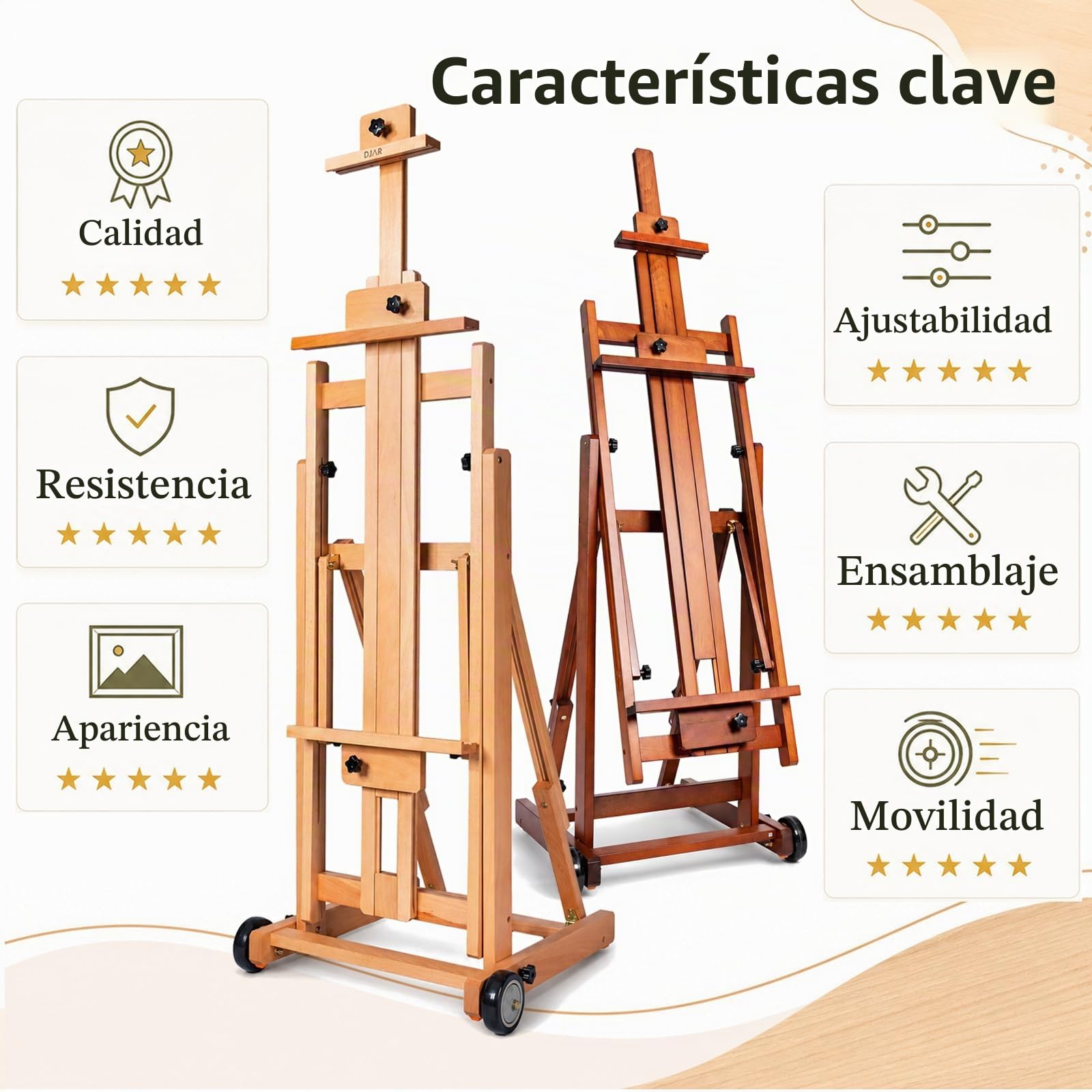 DJAR Caballete de Estudio Grande en H, Caballete de Suelo Ajustable de Madera de Haya Maciza, Inclinable Plano, Soporta 1 o 2 Lienzos hasta 198 cm