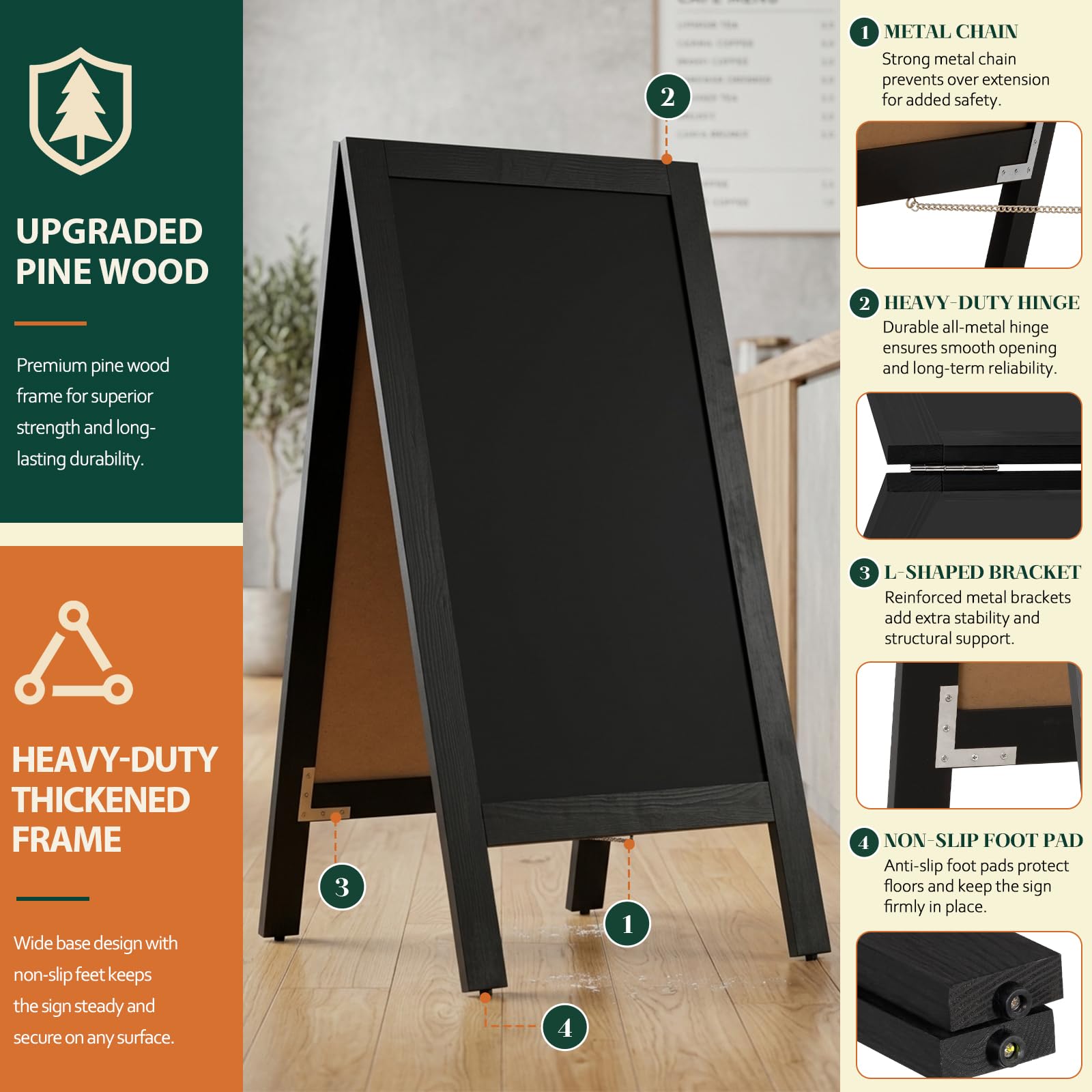 4 THOUGHT Letrero de pizarra con marco en A de 40 x 20 pulgadas, tablero de tiza magnético de madera independiente de doble cara para restaurante, cafetería, tienda, boda, fiesta, color negro