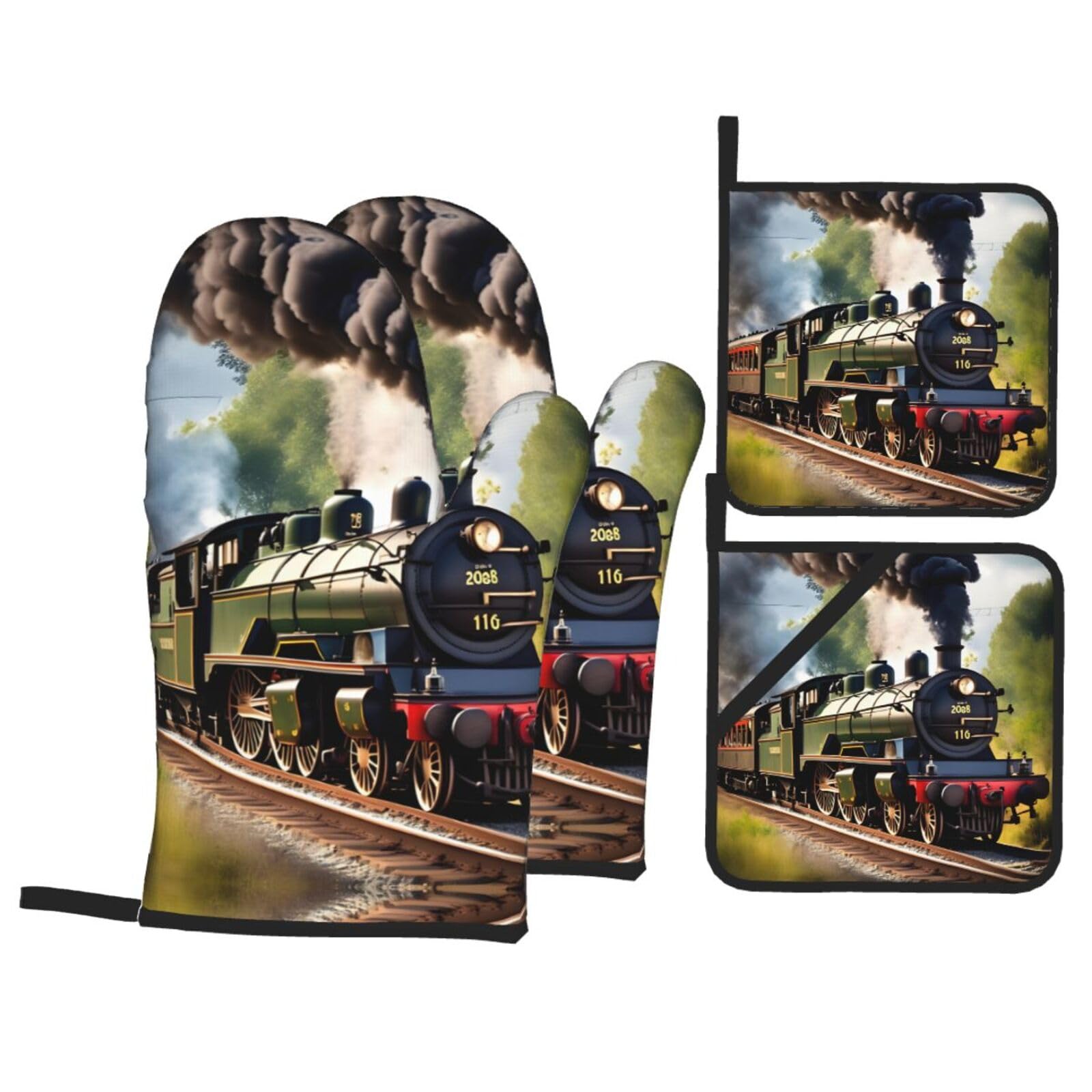 Nimongt Black Steam Little Train Print Heat-Resistant 4-Piece Oven Kitchen Gloves For Baking Cooking Microwaving Essentials