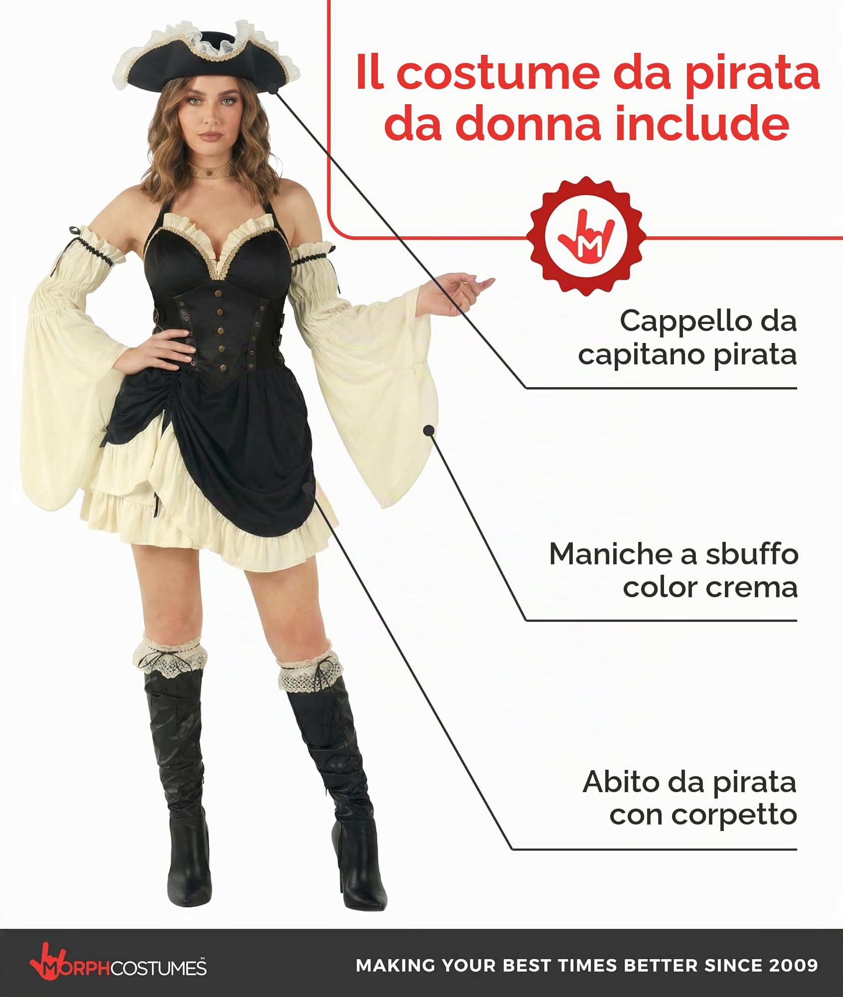 Morph Costume Pirata Donna - Vestito Carnevale Piratessa, Abito per Halloween, Compleanni e Party, Costume da Pirata Donna