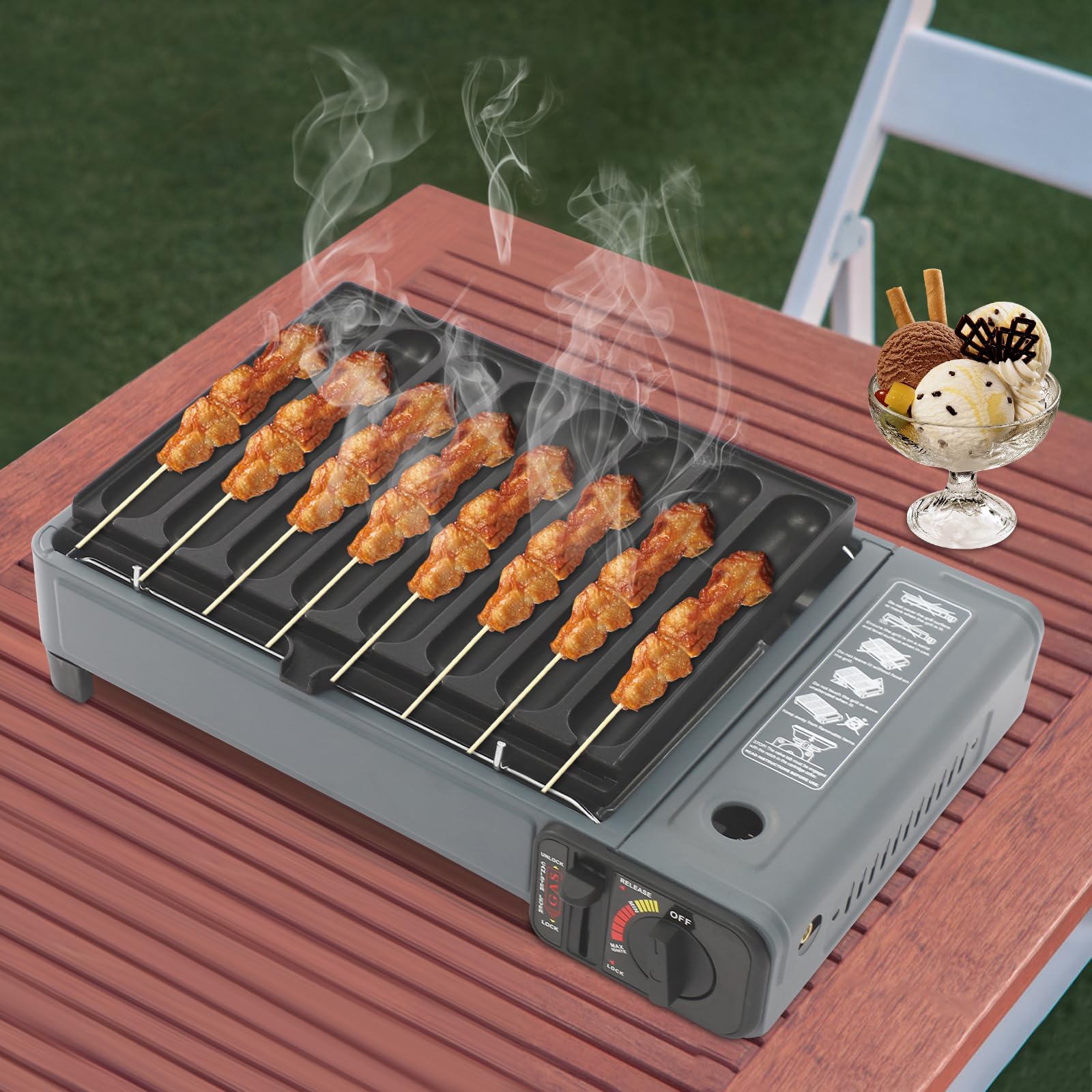 Barbecue à gaz portable, kit de barbecue à gaz de camping avec plaque de cuisson à saucisses, bac à graisse et mallette de transport, réchaud de camping de 2,2 kW, valise pour les excursions