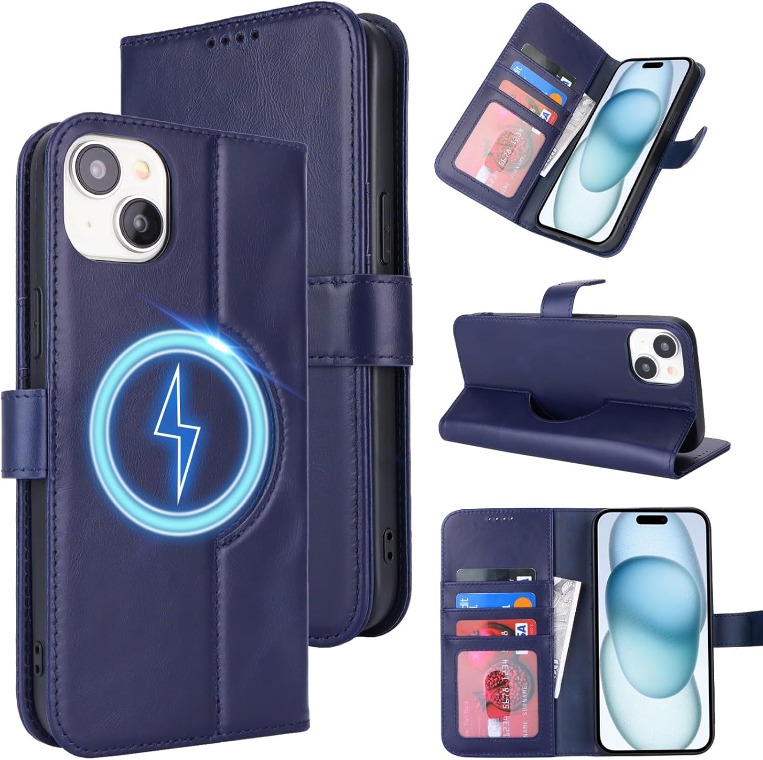 Zouzt for iPhone 15 Plus 6.7 Inch Genuine Leather Wallet Case with Card Holder, Compatible with MagSafe Magnetic Wireless Charging Flip Folio Book Cover Women Men for iPhone 15 Plus - Dark Blue