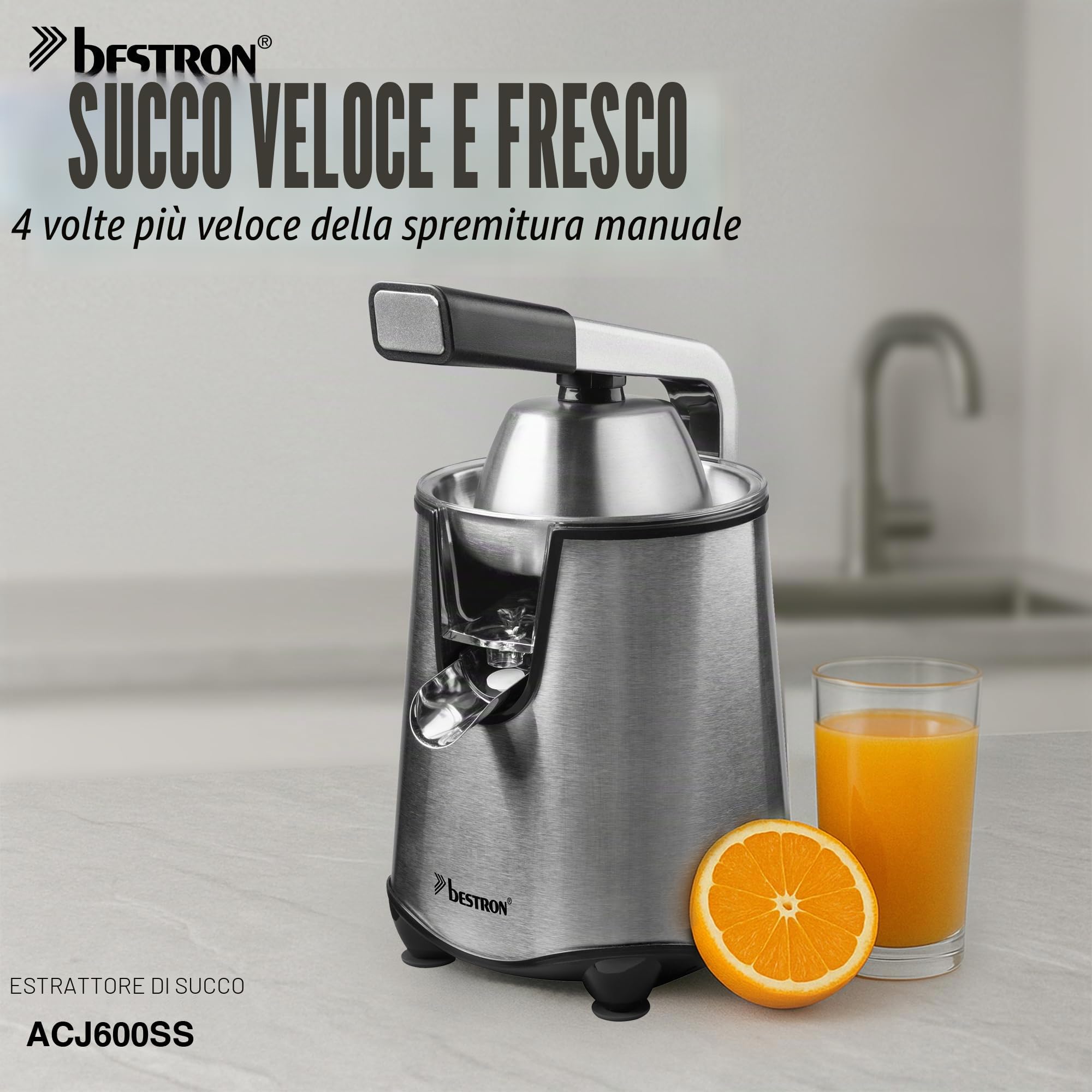 Bestron Spremiagrumi elettrico, spremiagrumi con funzione di arresto e filtro polpa in acciaio inox, con 2 coni, capacità 450 ml, leva soft pressa per un facile utilizzo, colore: argento