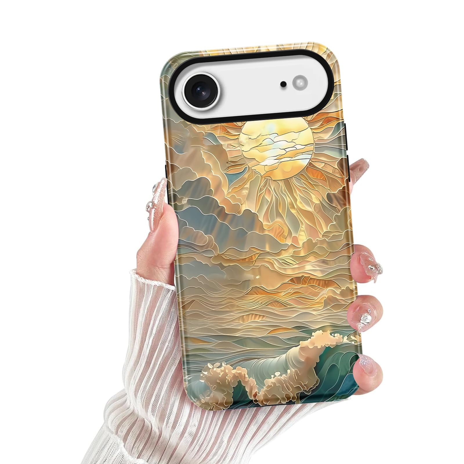 for iPhone Air Stained Glass Phone Case 6 5 Aesthetic Ocean Waves Sun Rays Case Cute Pattern Print