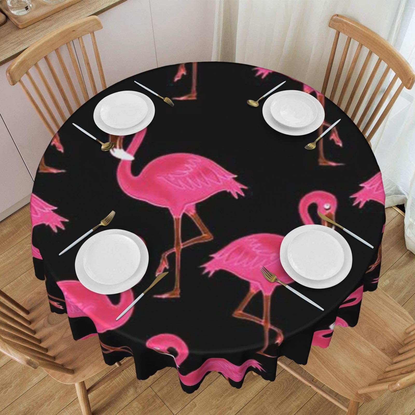 DCEHGEW 60 In Round Tablecloth with Lace, Lovely Pink Flamingos Printed Oilproof & Washable Fabric Picnic Table Cloth Table Covers