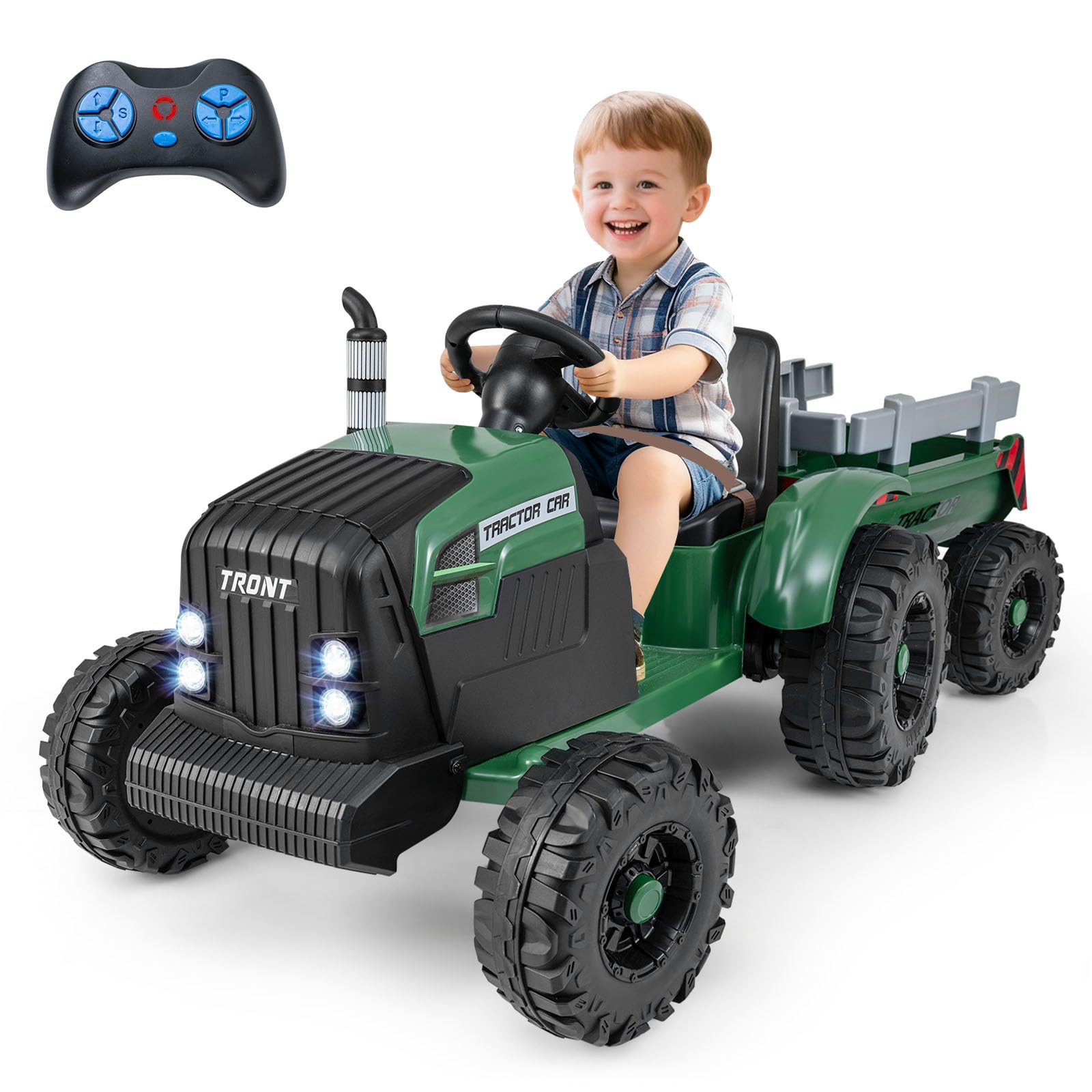 Maxmass 24V Ride on Tractor and Trailer, Battery Powered Electric Construction Vehicle with Remote Control, Horn, Music, Wireless, Kids Ride on Bulldozer Electric Car for 3-8 Years Old (Dark Green)