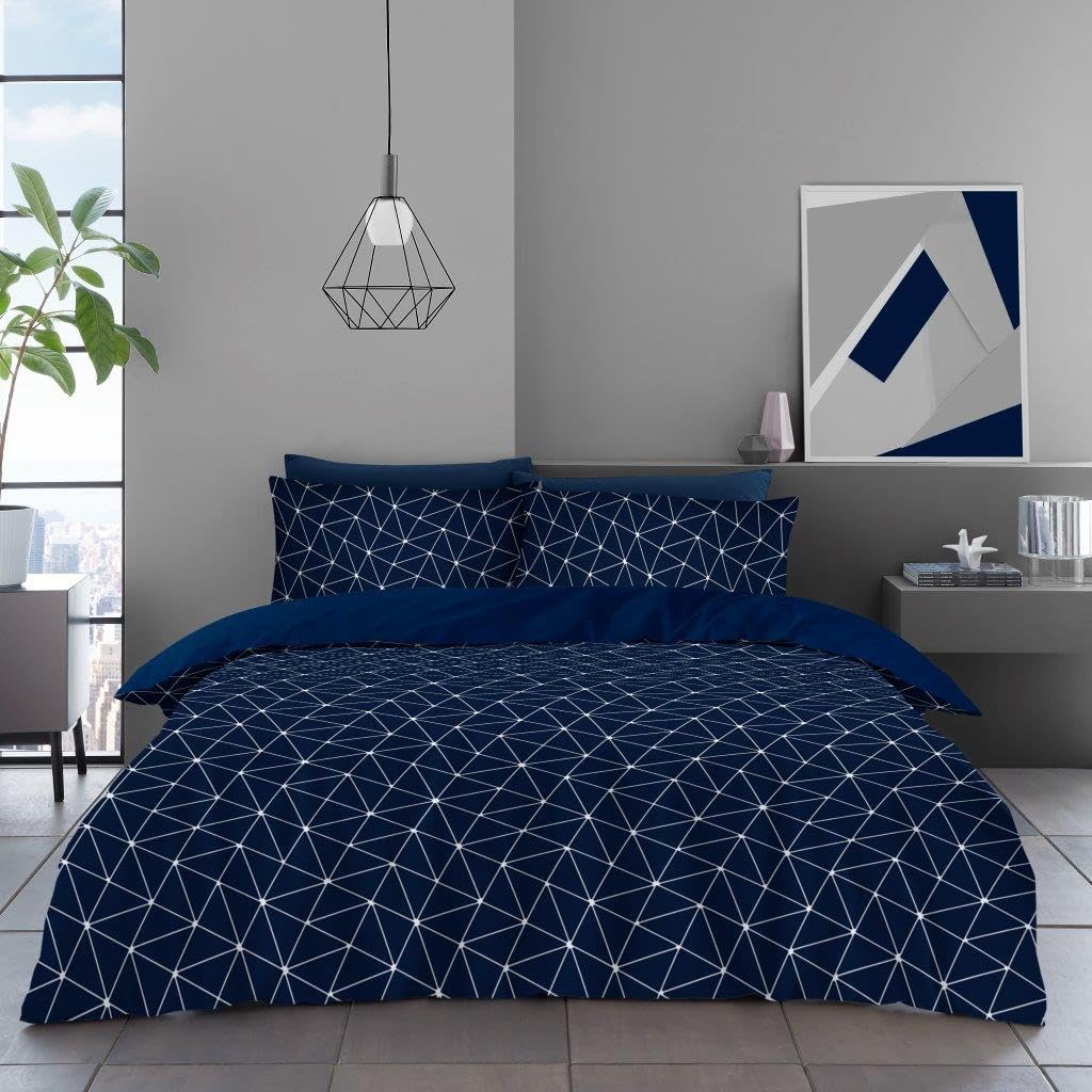 Microfibre Reversible Duvet Cover Set with Pillowcases - Breathable & Hypoallergenic Quilt Cover Set - Floral Leaves Botanical Geometric Check Bedding Sets (Stan Geo, King)