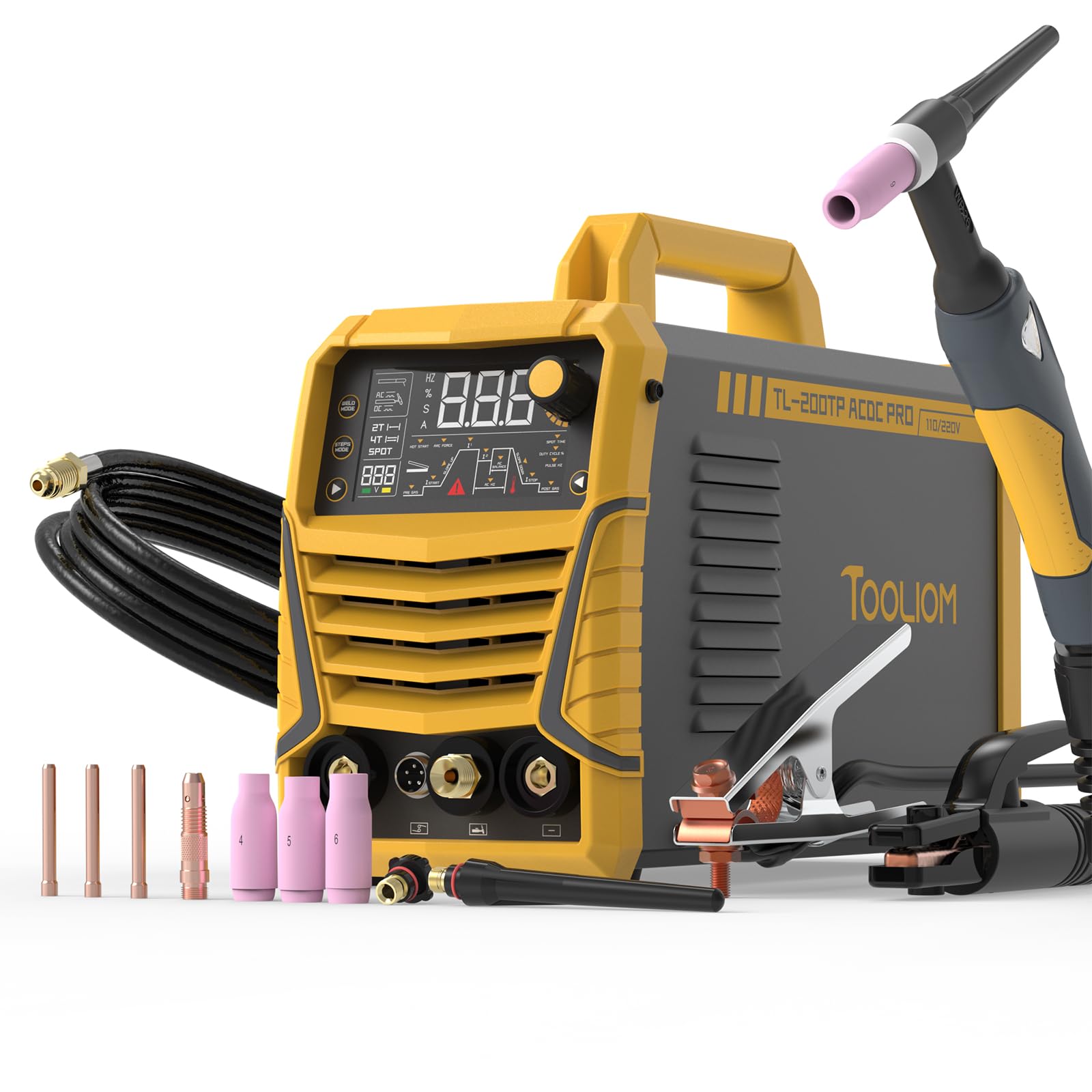 TOOLIOM 200A AC/DC TIG Welder with Pulse, Dual Voltage 110V/220V, Aluminum Welder with IGBT Inverter, Large LED Display, AC TIG/DC TIG/Pulse TIG/SPOT TIG/Stick Multiprocess Welding Machine