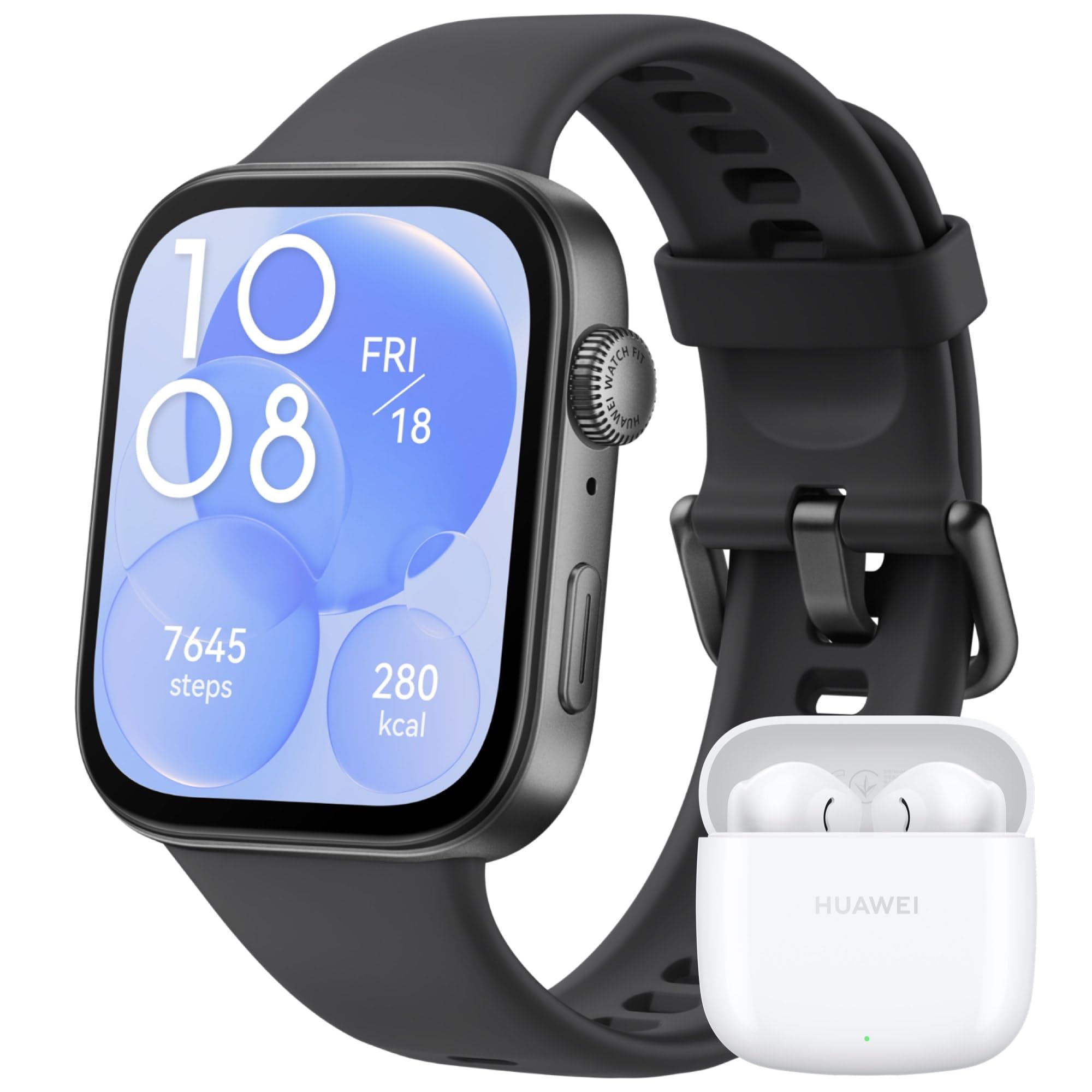 Huawei Watch FIT 3, Display AMOLED da 1.82", Monitoraggio fitness e salute, Compatibilie con iOS e Android, Batteria fino a 10 giorni, Chiamate Bluetooth, Black Fluoroelastomero + Freebuds SE 2 White