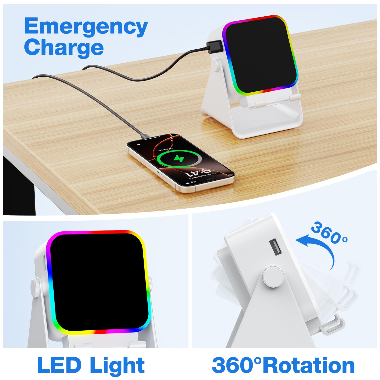 TARKARI Altoparlante wireless a induzione, altoparlante Bluetooth con supporto per telefono e luce RGB, suono surround HD, compatibile con iPhone, Android, iPad, Samsung, regalo di compleanno per