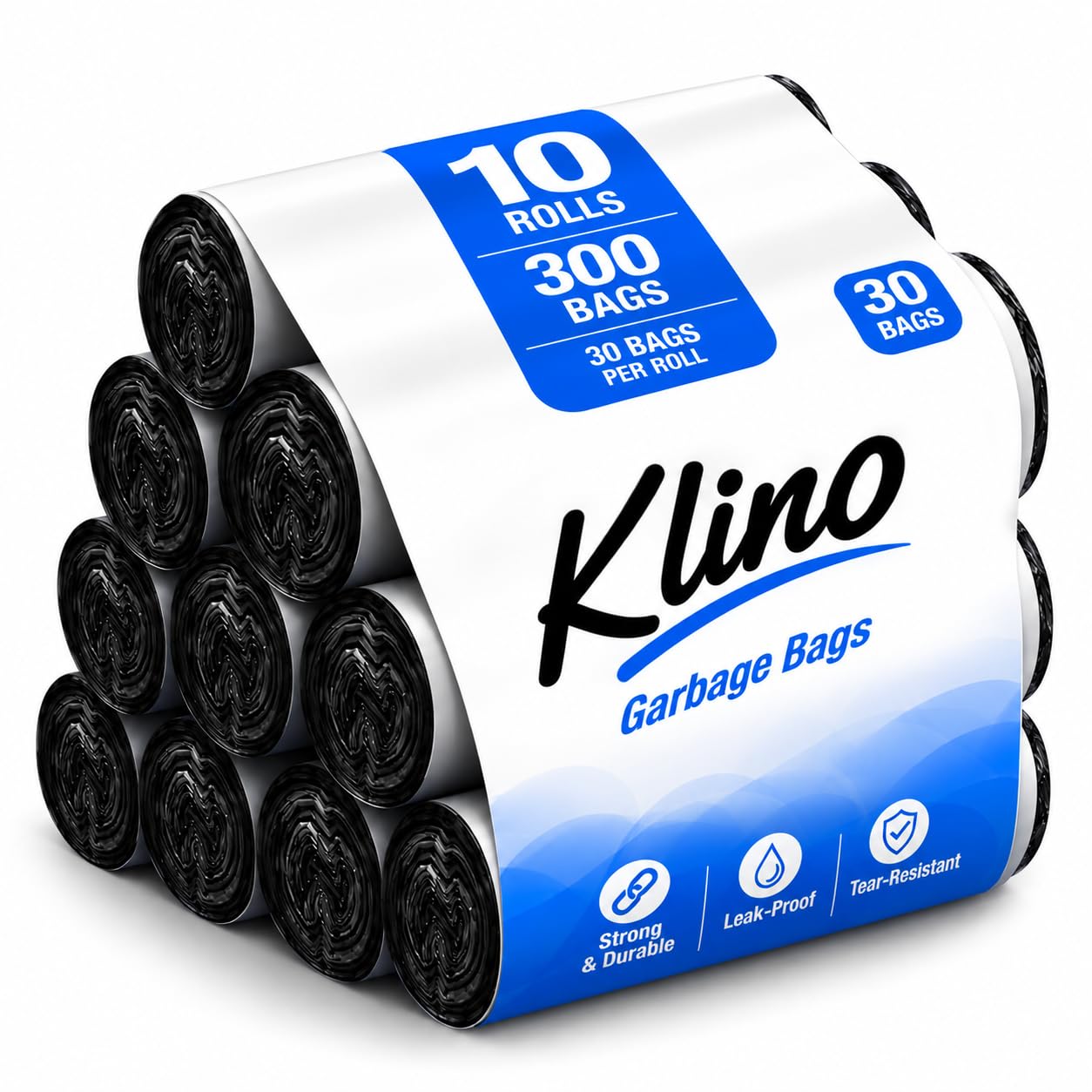 klino medium black garbage bags | 300 disposable trash bags | 30 bags x 10 rolls | 19 x 21 inches | strong, tear-resistant & leak-proof | for home, office & kitchen waste (300 bag)