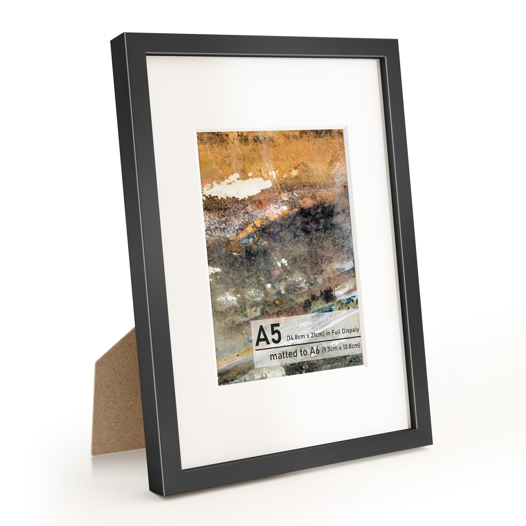Metal Picture Frame A6(9.5x13.8cm) with Mat or A5(14.8x21cm) Without Mat, Upgrade Aluminum Photo Frames, for TableTop Display and Wall Mounting, Wall Hook Hanging Hardware Included, Black