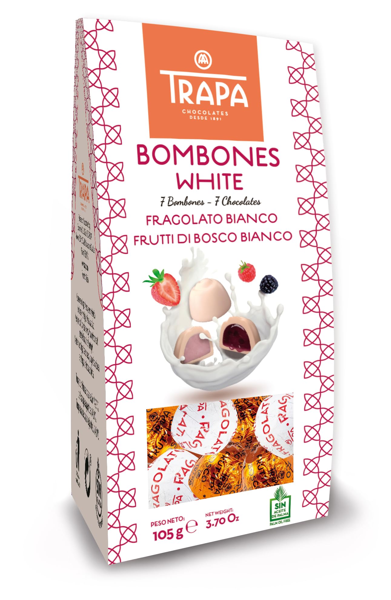 TRAPA | Surtido de Bombones de Chocolate Blanco | Caja de 2 Sabores, 105 g | Sin Gluten y Sin Aceite de Palma