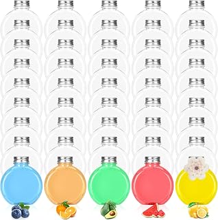 Uiifan 48 Pack 10 oz Juice Bottles - Round Flat Bottles with Caps Leak Proof Plastic Flask Bottle Bulk Juice Container with Lids Reusable Clear Empty Beverage Bottle for Drinks Milk Tea Alcohol Liquor