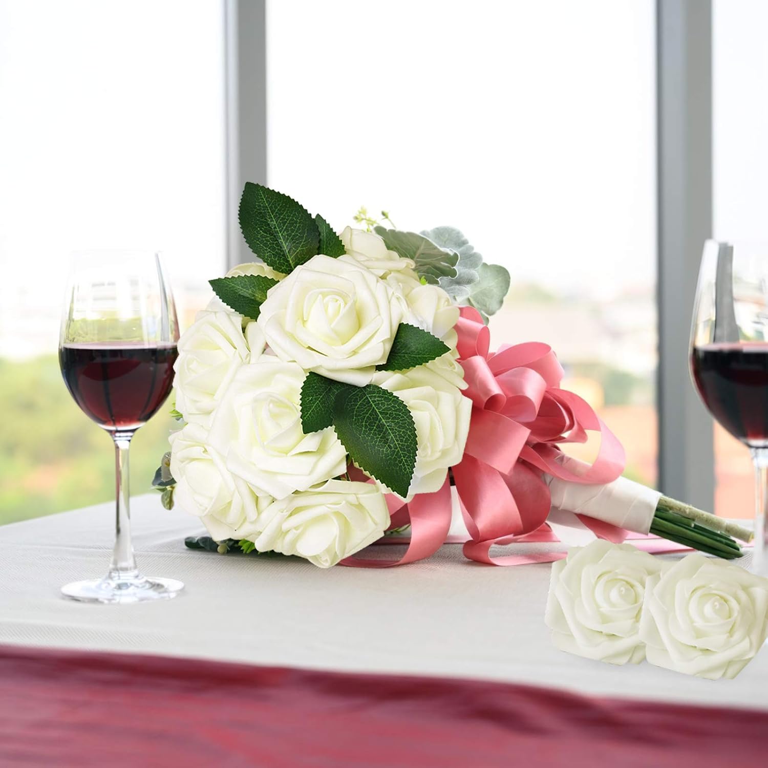 AmyHomie Artificial Flower Ivory Rose 25pcs Real Looking Fake Roses w/Stem for DIY Wedding Bouquets Centerpieces Arrangements Party Baby Shower Valentines Day Christmas Tree Decorations - Image 6