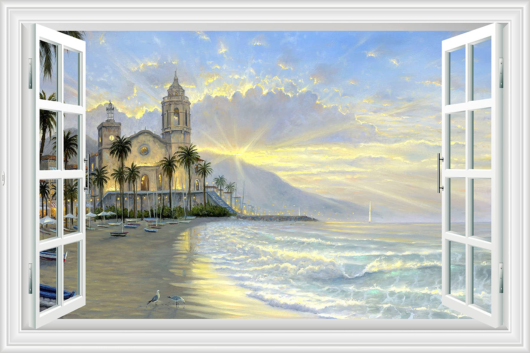 Sticker mural 3D fenêtre effet trompe l'oeil haute définition vue plage cocotier et château