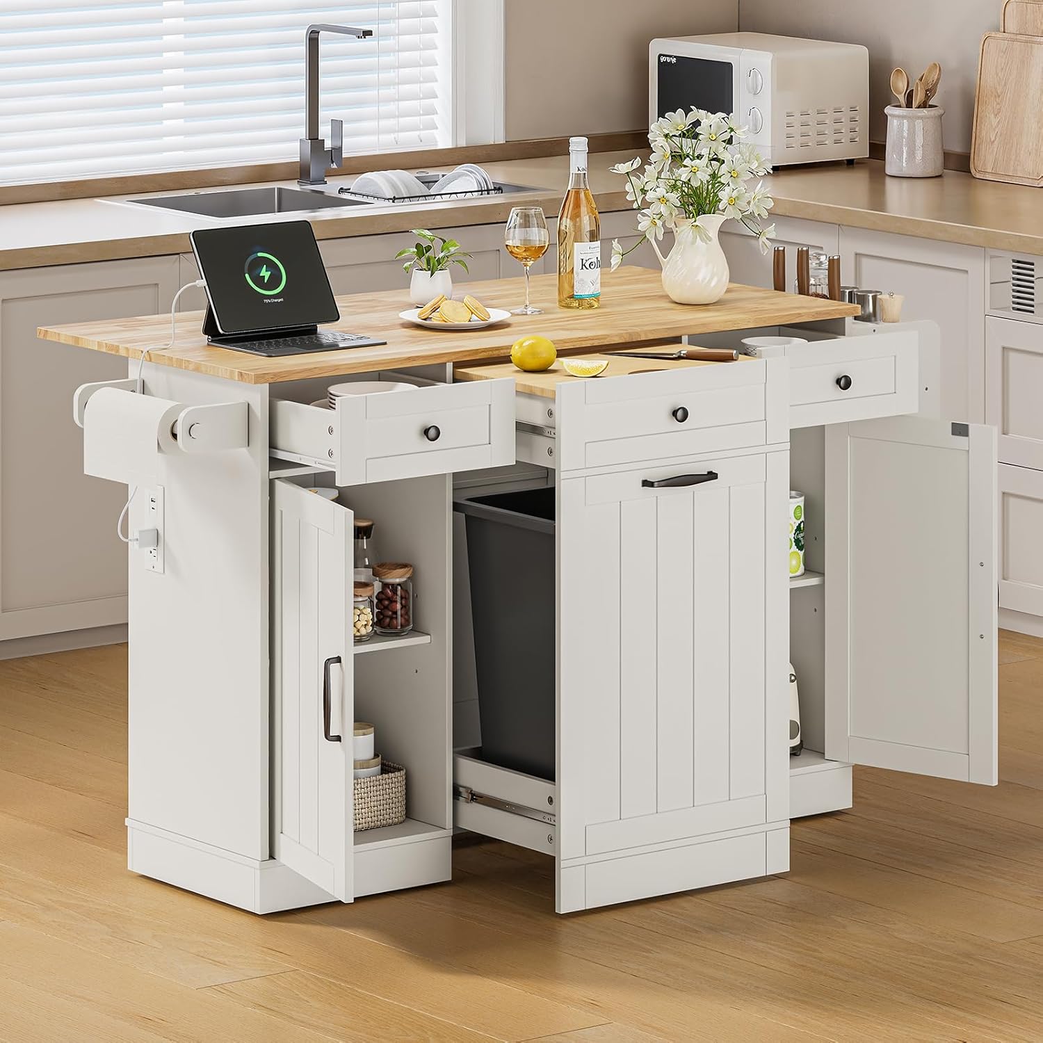 ONBRILL 61" Rolling Kitchen Island Cart with Movable Cutting Board, Hidden Trash Bin, Drop Leaf, Power Outlet & Storage - White