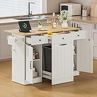 ONBRILL 61" Rolling Kitchen Island Cart with Movable Cutting Board, Hidden Trash Bin, Drop Leaf, Power Outlet & Storage - White