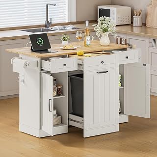ONBRILL 61" Rolling Kitchen Island Cart with Movable Cutting Board, Hidden Trash Bin, Drop Leaf, Power Outlet & Storage - White