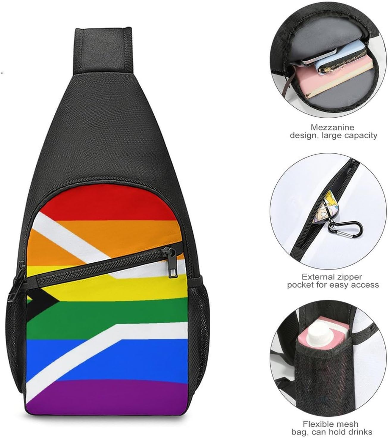 Gay Flag of South Africa LGBT Crossbody Sling Backpack Chest Bag Daypack | unisex,trendy,with convertible and detachable shoulder strap,side pockets