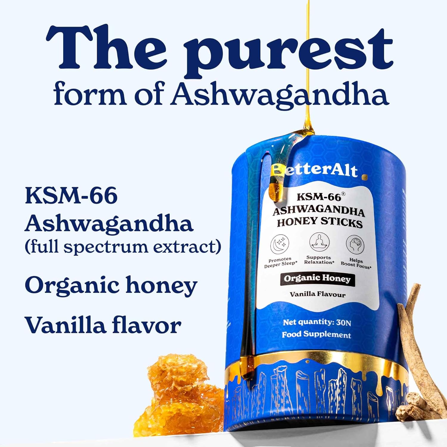 Better Alt KSM 66 Ashwagandha Honey Sticks |Organic Multiflora Himalayan Honey | Helps Promote Relaxation, Focus |1 Month Dietary Supplement