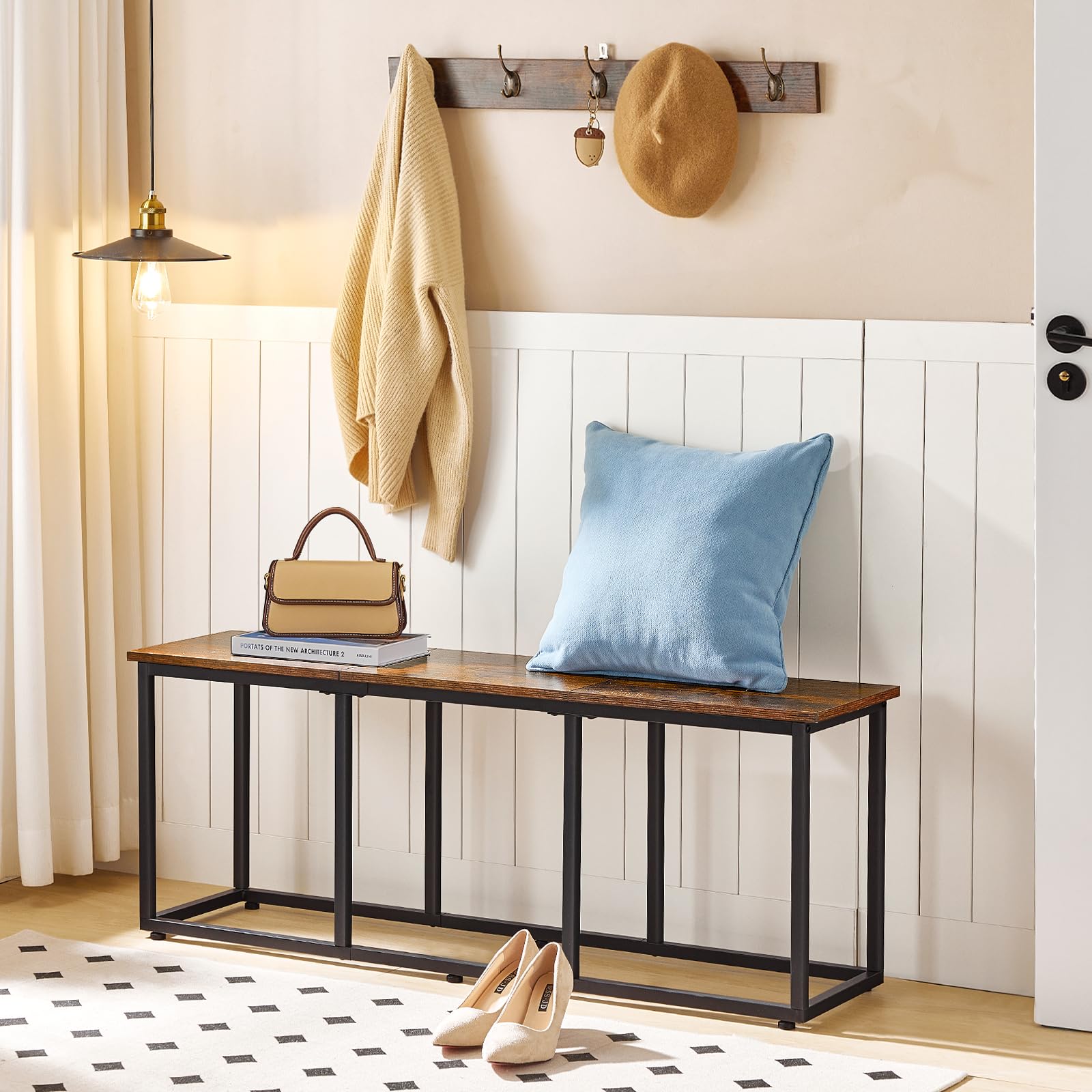 HOOBRO Banc de Cuisine Long de 120 cm, Banc à Chaussures Industriel, Bout de lit, Chaise Longue pour Salle à Manger, entrée, Chambre, Marron Rustique et Noir EBF45CD01