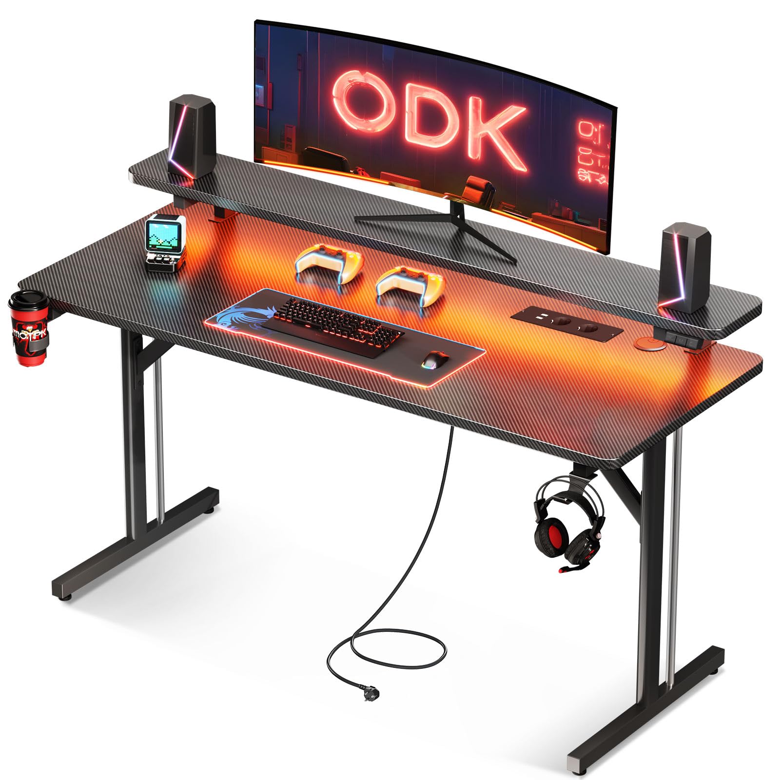 ODK Mesa Gaming, Escritorio Gaming con Luces LED y Tomas de Corriente, Mesa Gamer con Estante para Monitor, Mesa Escritorio Ordenador Fibra de Carbono Negro 120 cm