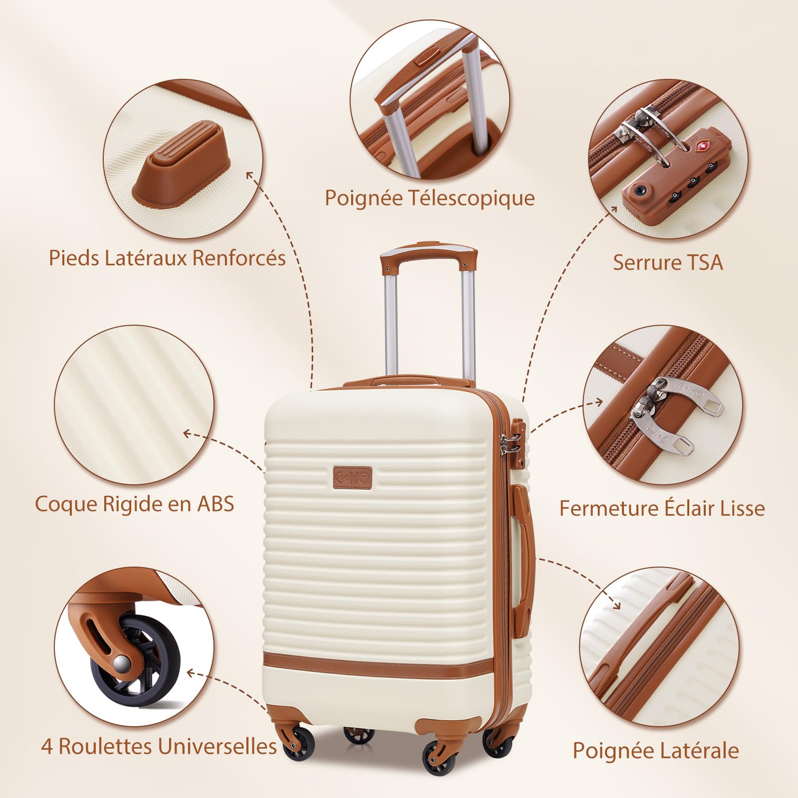 COOLIFE Valise, 5 Pièces Set de Valise avec Sacs de Voyage et Trousse de Toilette pour Les Voyages en Famille, Serrure TSA et roulettes Pivotantes à 360° (Blanc/Marron, Set 5 Pièces)