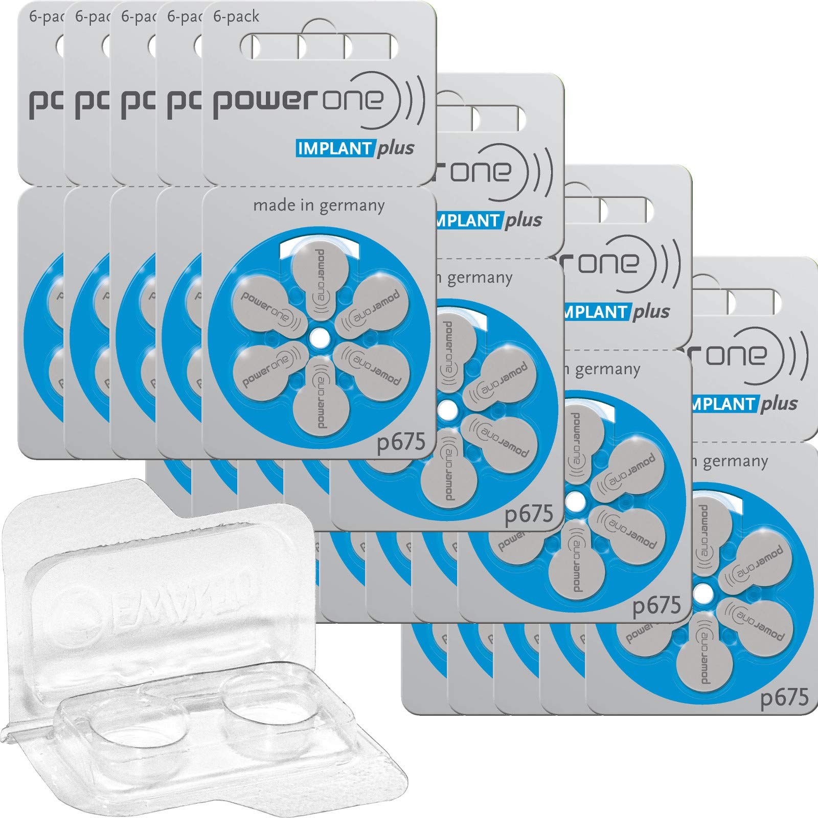 120 batterie per apparecchi acustici Power One Implant Plus (20 x 6 blister) PR44 blu + scatola per 2 batterie per apparecchi acustici
