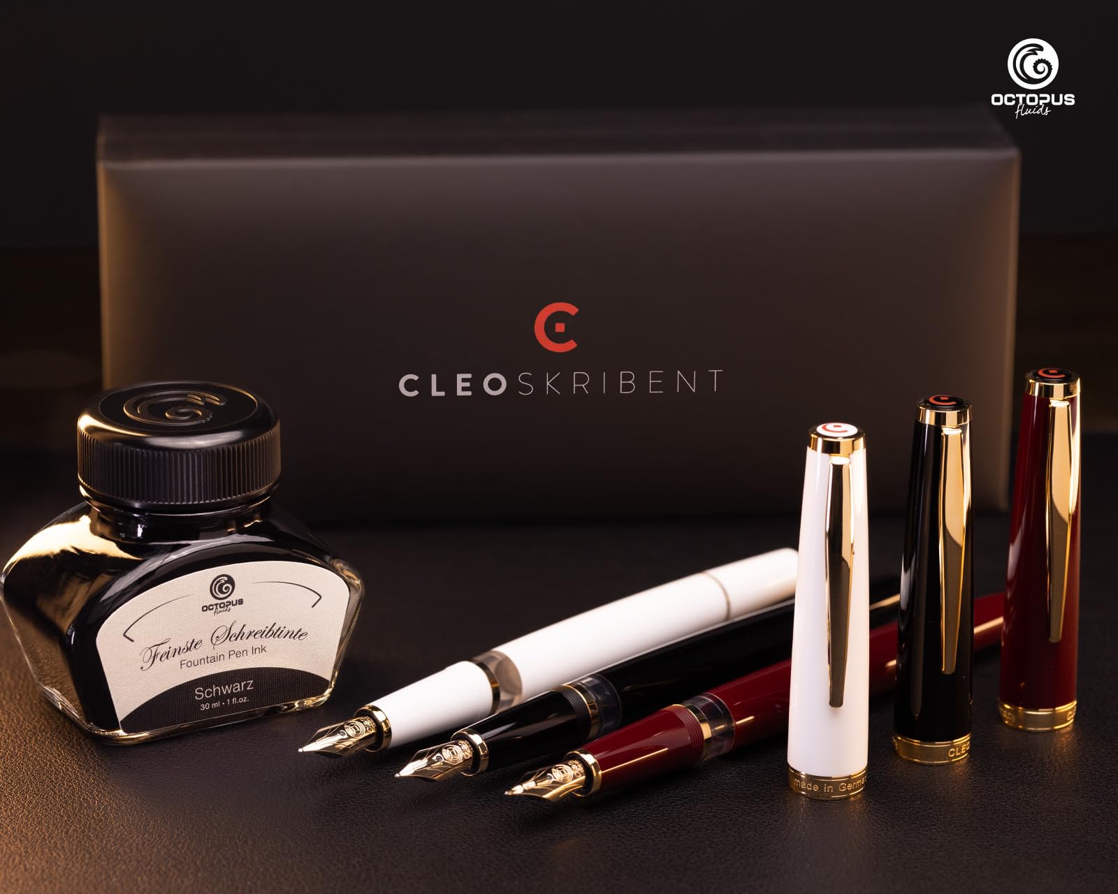 Octopus Cleo Skribent Classic Gold, zestaw piór wiecznych, pióro tłokowe, pióro M i tusz 30 ml, czarny