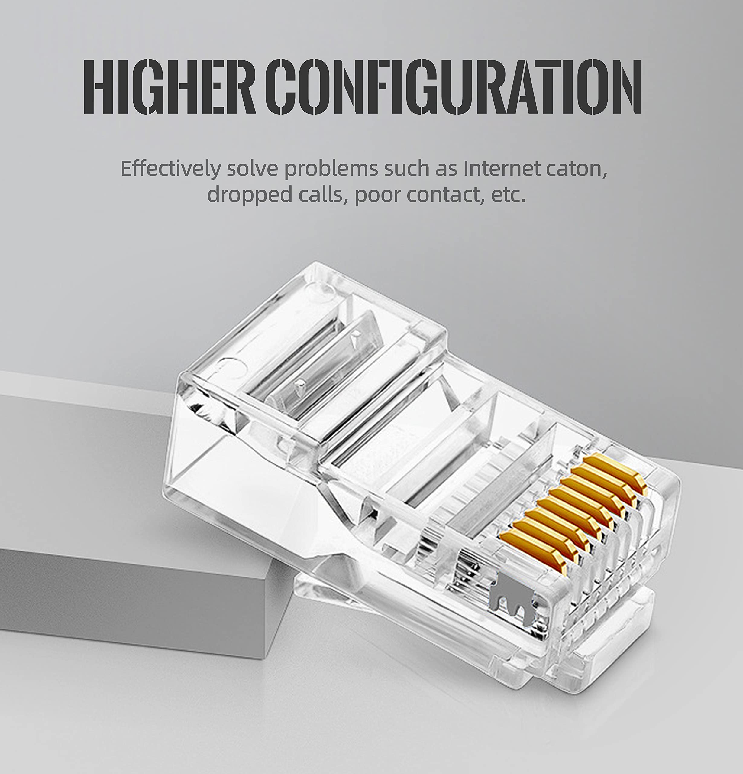 Hanutech Gold Plated Pass Through Copper Pin RJ45 Connectors 8 pin rj45 Connector UTP FTP Modular CAT5E CAT6 Connector 50U 8P8C Network Plug unshielded rj45 Crystal Plug (Pack of 100 Connectors) 3