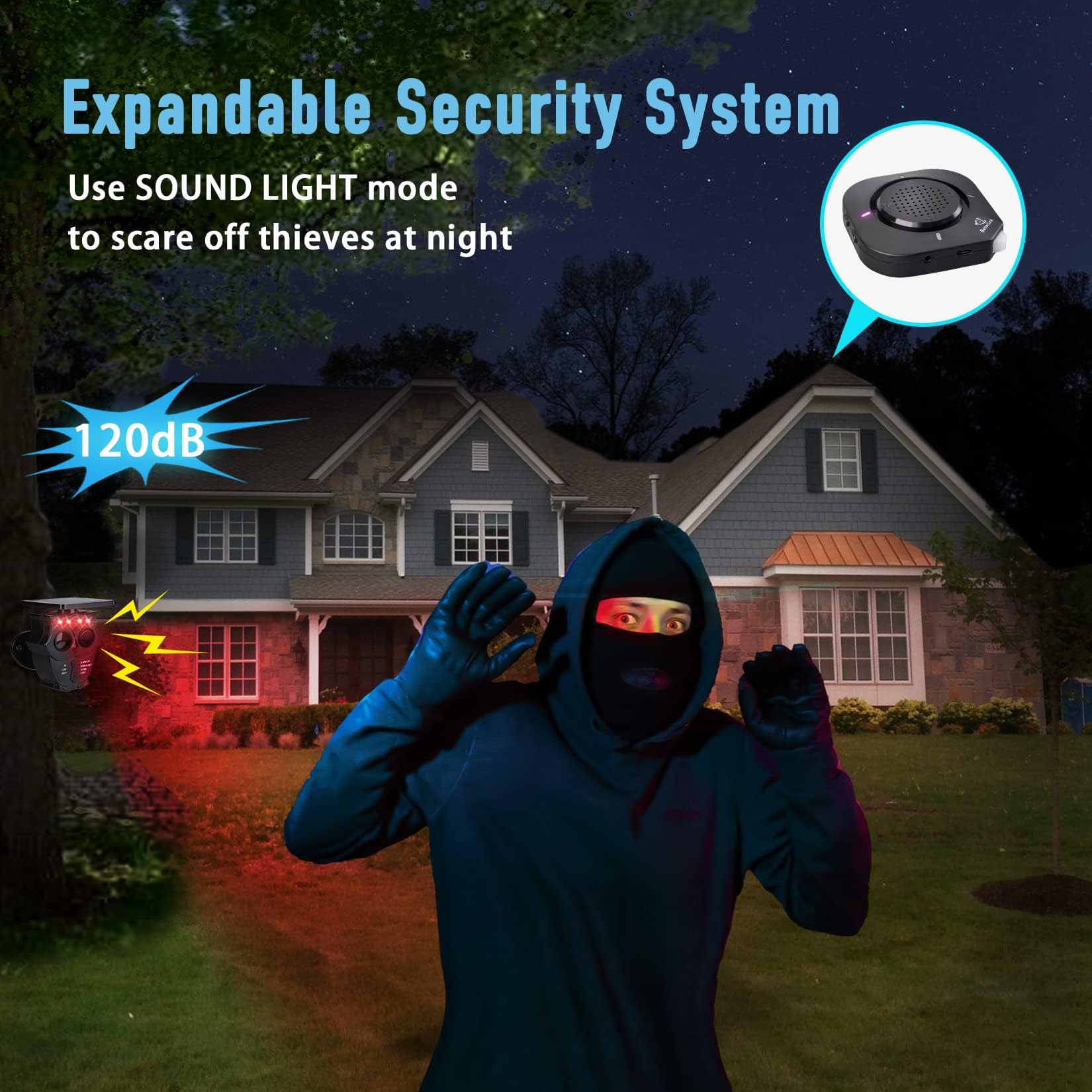 Sistema de alarma solar inalámbrico: 1/2 milla, IP65, detector de movimiento al aire libre, alarma de luz de sirena de 120 dB, vigilancia exterior/interior (1R3S)