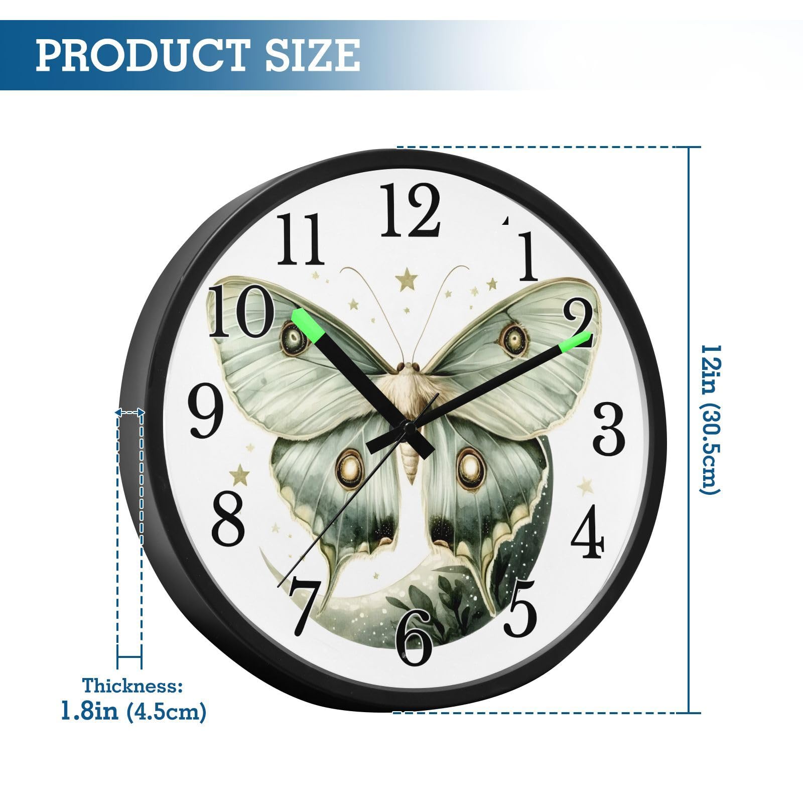 Mnsruu Reloj de pared luminoso Luna polilla luna blanca estrellas reloj de pared brilla en la oscuridad relojes de pared funciona con pilas, 12 pulgadas, silencioso, sin tictac, luz nocturna para