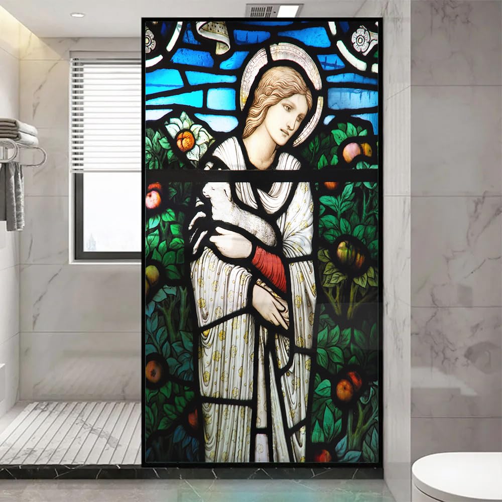Church Style Stained Glass Window Film Decorative Privacy Non Adhesive Window Stickers for Home Office J16 40x100cm(15.7
