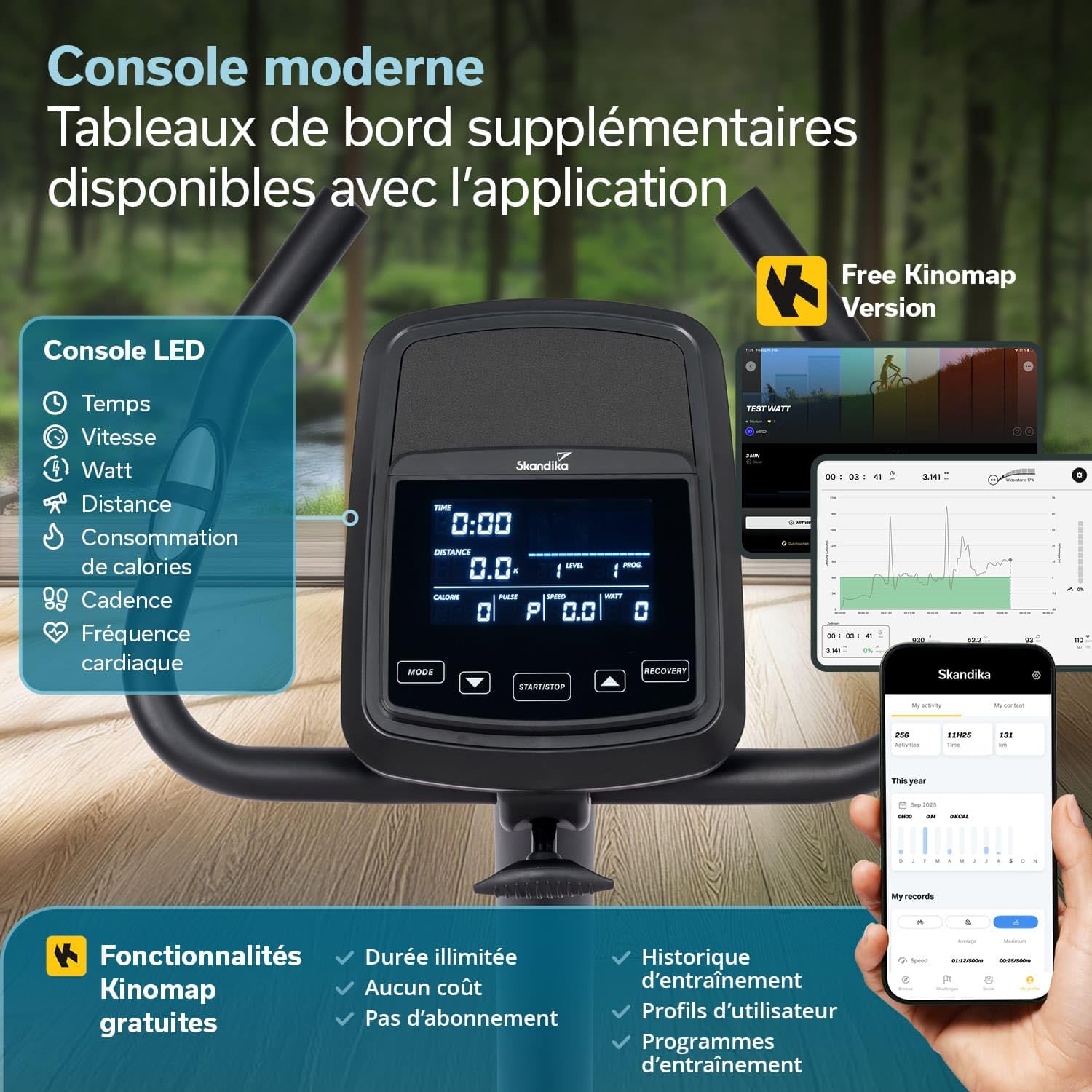 Skandika Vélo d'appartement Treliv P8 | Ergomètre en fer et bois, frein magnétique à 32 niveaux, écran LED, 22 programmes, selle et guidon réglables, compatible avec Kinomap, max 120 KG