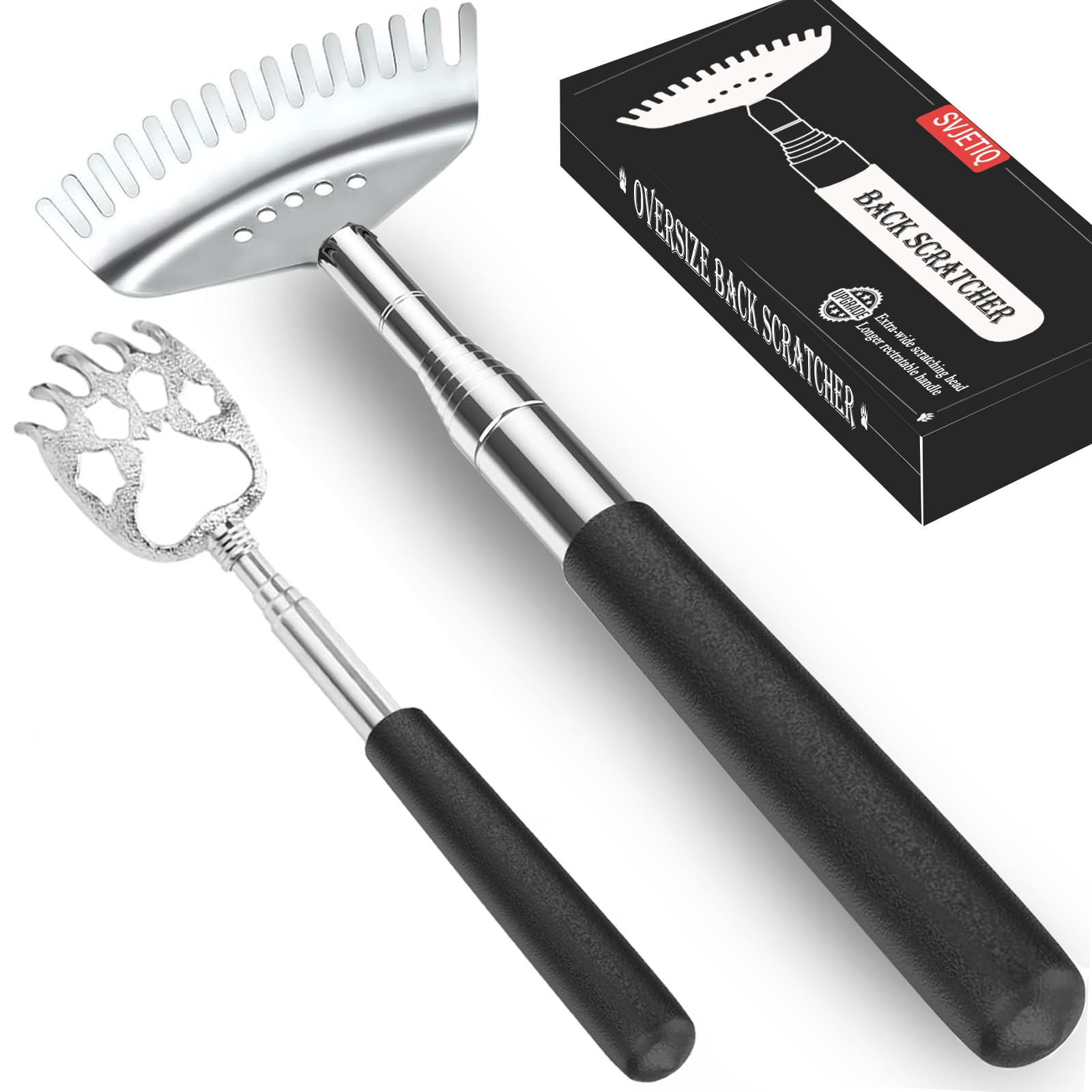 Svjetiq Oversized Back Scratcher with 30" Handle, 2 Pack Different Extendable Back Massager Tool, Bear Claw & Oversized 15-Teeth Rake, Stocking